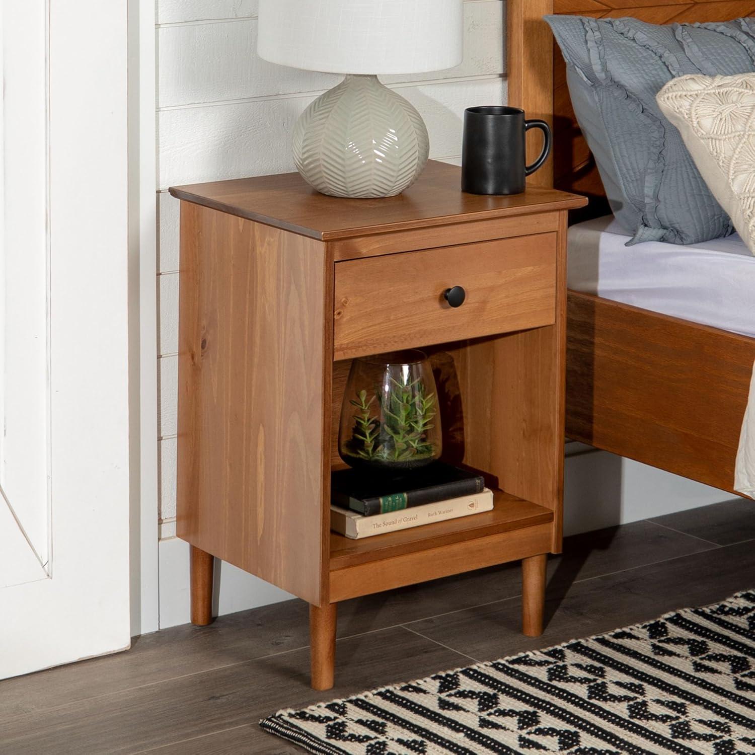 Caramel Solid Pine 1-Drawer Nightstand with Open Shelf