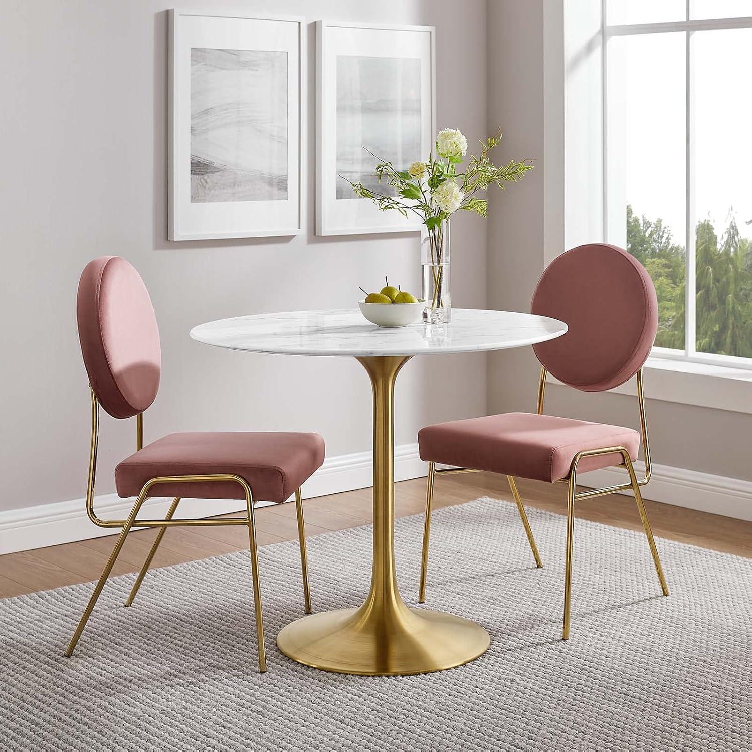 Round White Marble and Gold Pedestal Dining Table