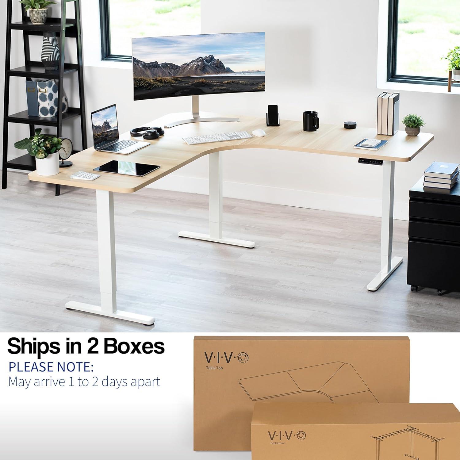 VIVO Light Wood / White Electric 71" x 71" Curved Corner Stand Up Desk