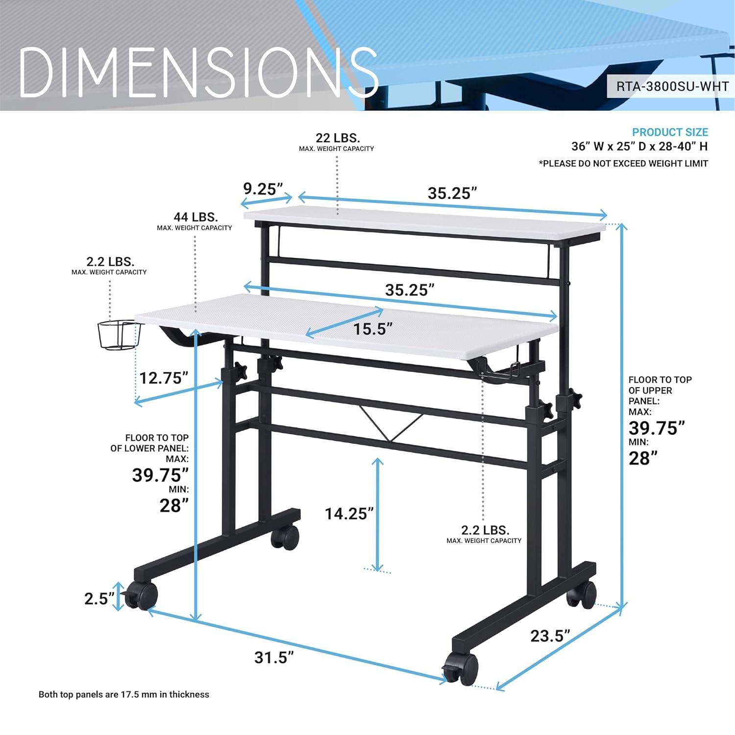 Rolling Writing Desk with Height Adjustable Desktop and Moveable Shelf White - Techni Mobili: Locking Casters, Open Storage
