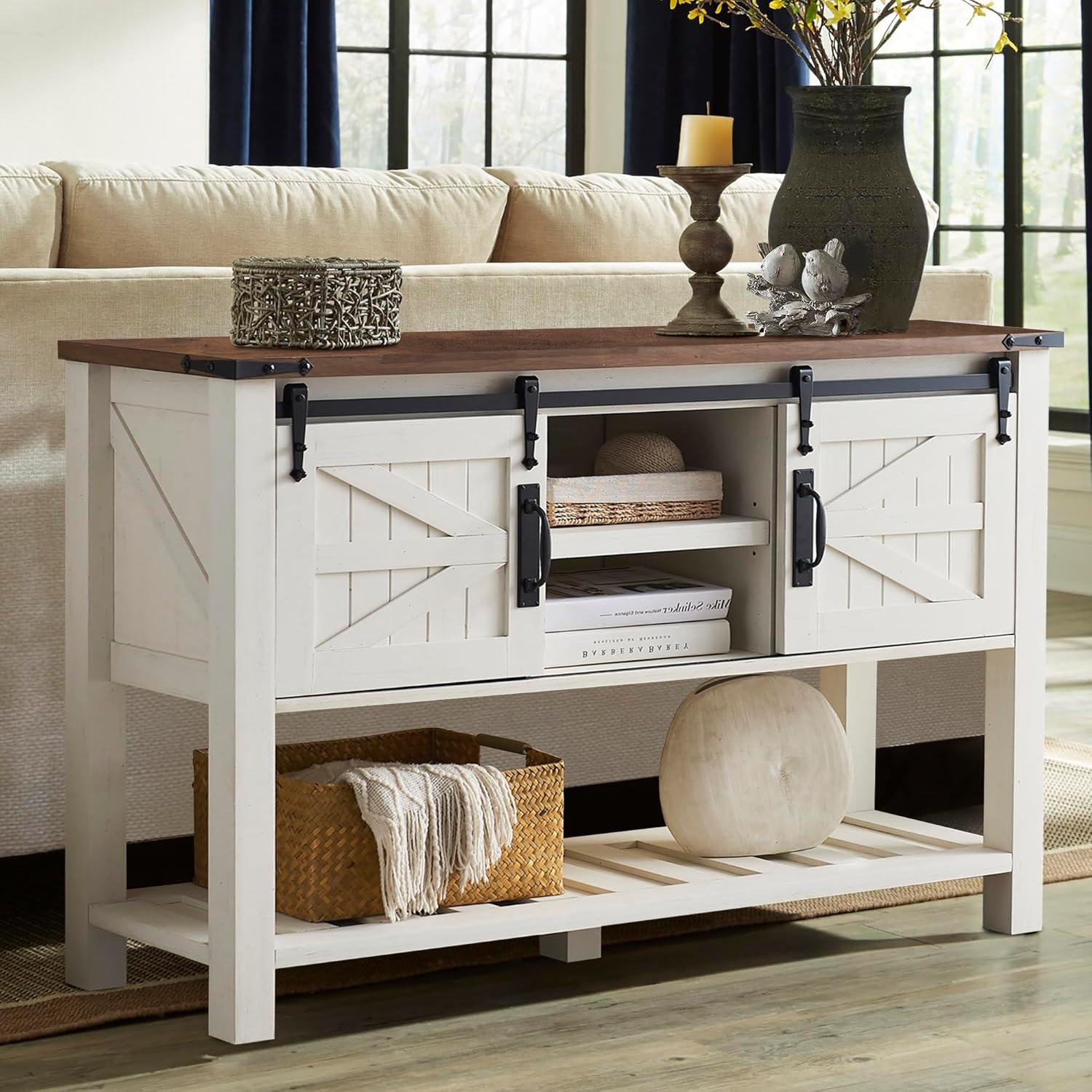 OKD Entryway Table with Sliding Barn Doors, 46" Farmhouse Console Table with Storage Shelf, Rustic Sofa Table Behind Couch for Hallway, Entry Way, Living Room, Foyer, Antique White