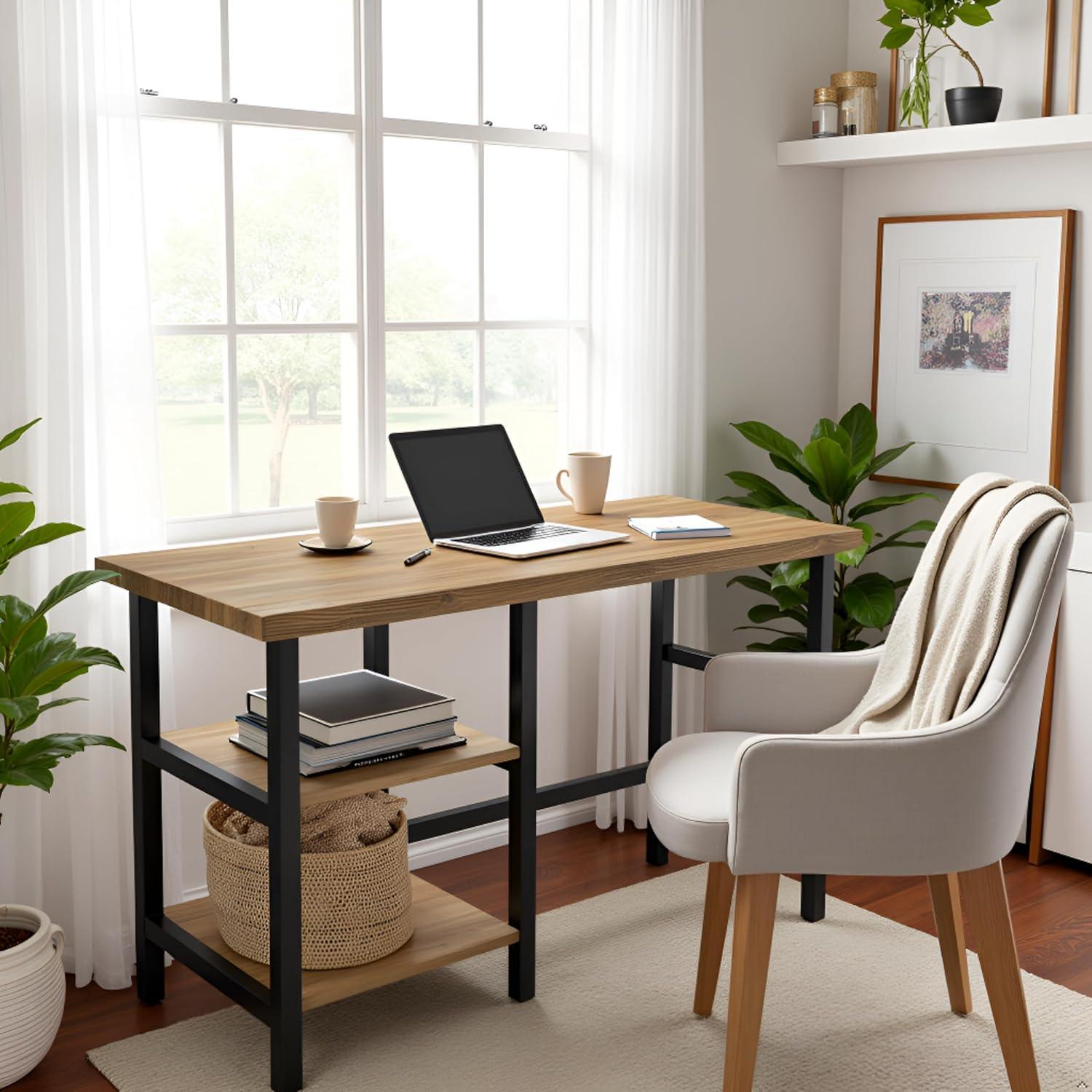 Pomona Writing Desk with Two Shelves Metal and Solid Wood Natural - Alaterre Furniture: Modern Style, Open Storage, Home Office