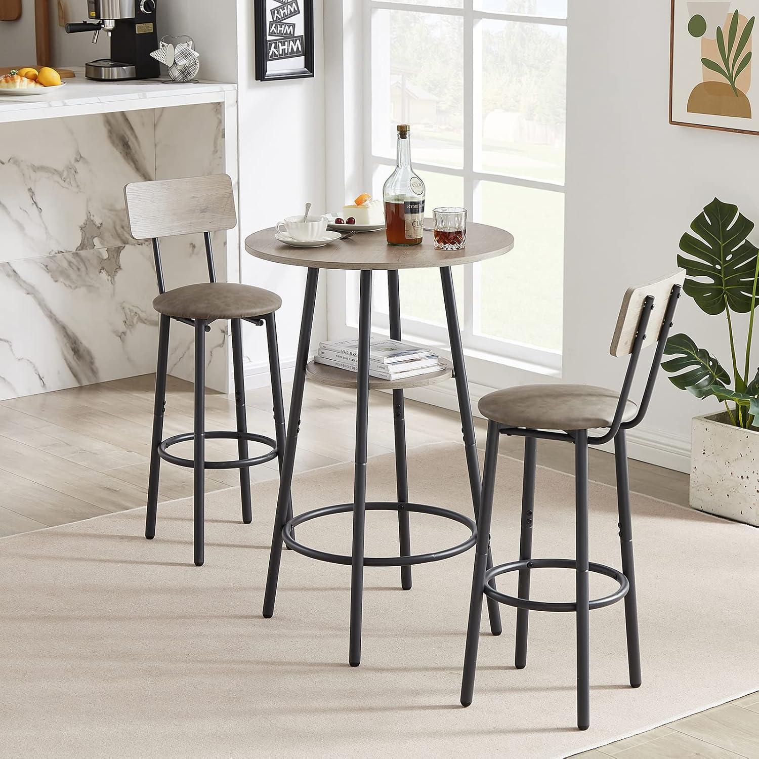 Kitchen Bar Table Set, 3-Piece Bar Table Set for Kitchen, Round Dining Room Set with 2 Upholstered Chairs, Gray Table and Chairs Dining Set for Pub Bistro Restaurant