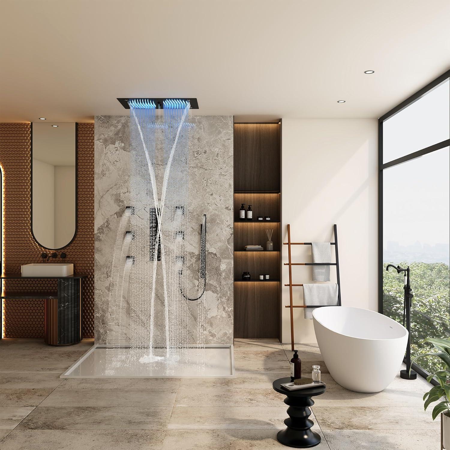 Rodeo 27.5-Inch LED&Music Rainfall Thermostatic Shower System with Slide Bar and 2-in-1 Handheld