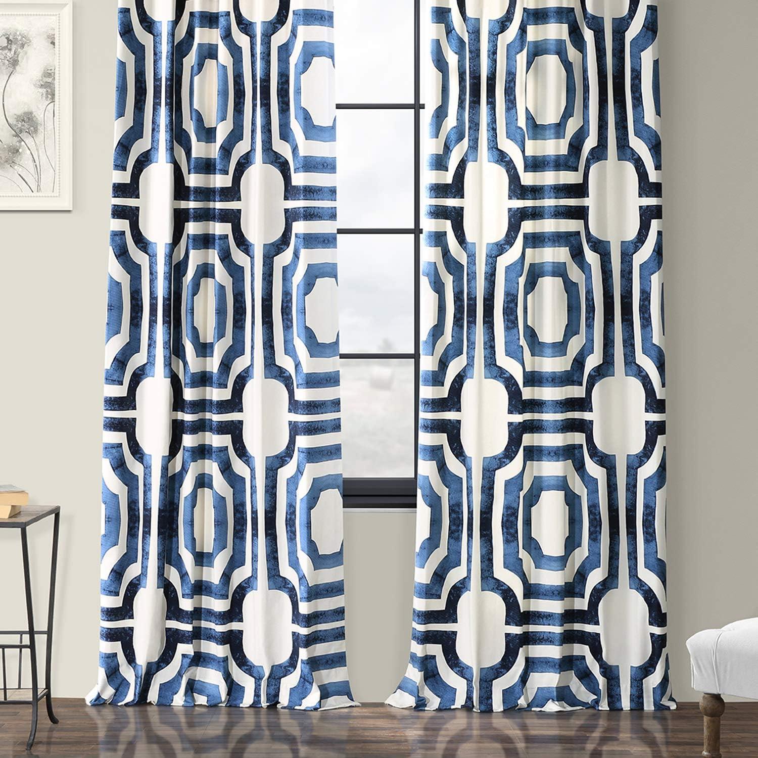 Mecca Blue Printed Cotton Curtain (1 Panel), Mecca Blue, 50W X 120L