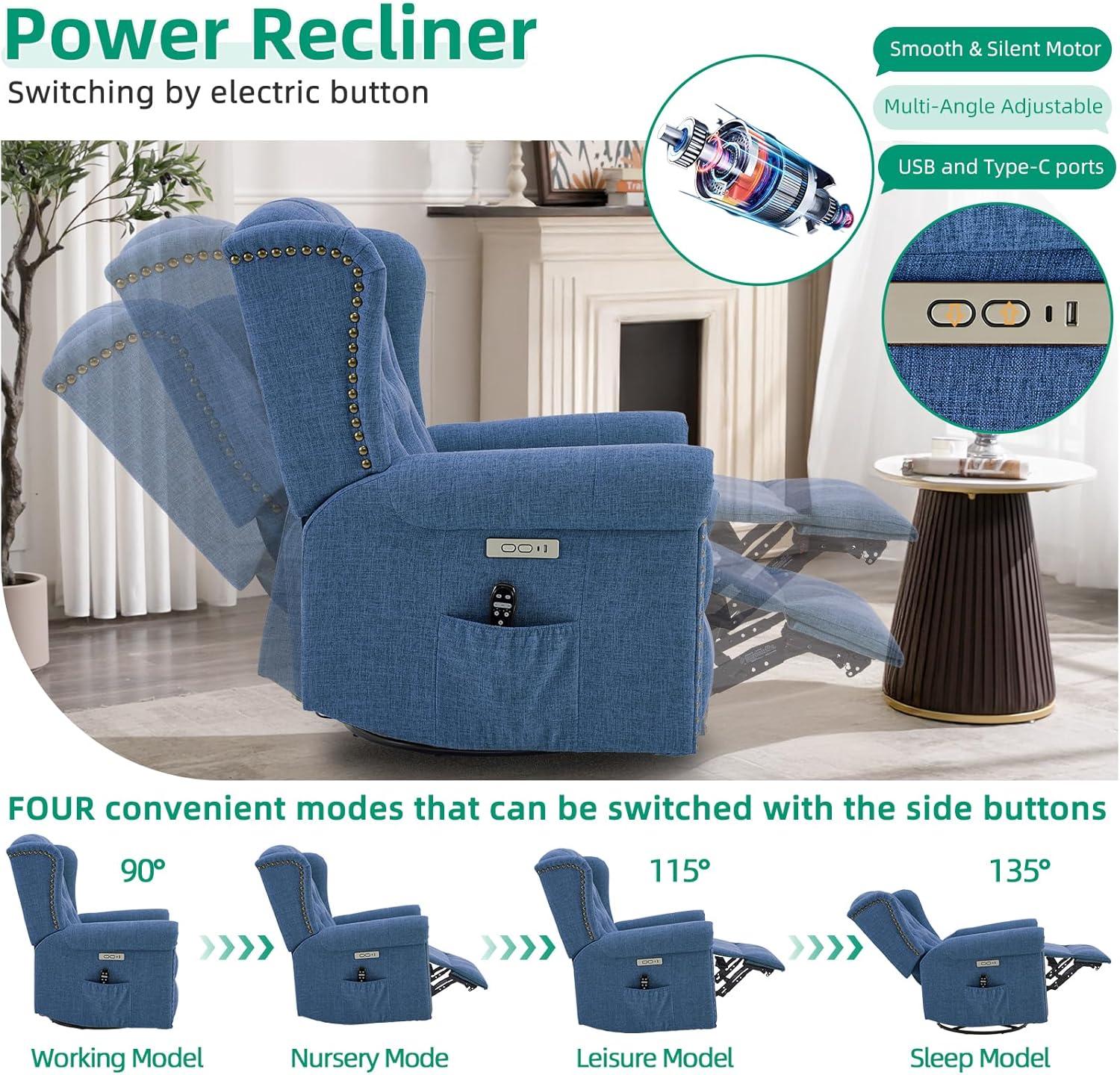 MEETWARM Meetwarm Power Swivel Rocking Glider Recliner Chair With Heat And Vibration, Electric Rocker Nursery Reclining Chair, Wingback Tufted Upholstered Recliner For Living Room, Type-C & Usb Ports