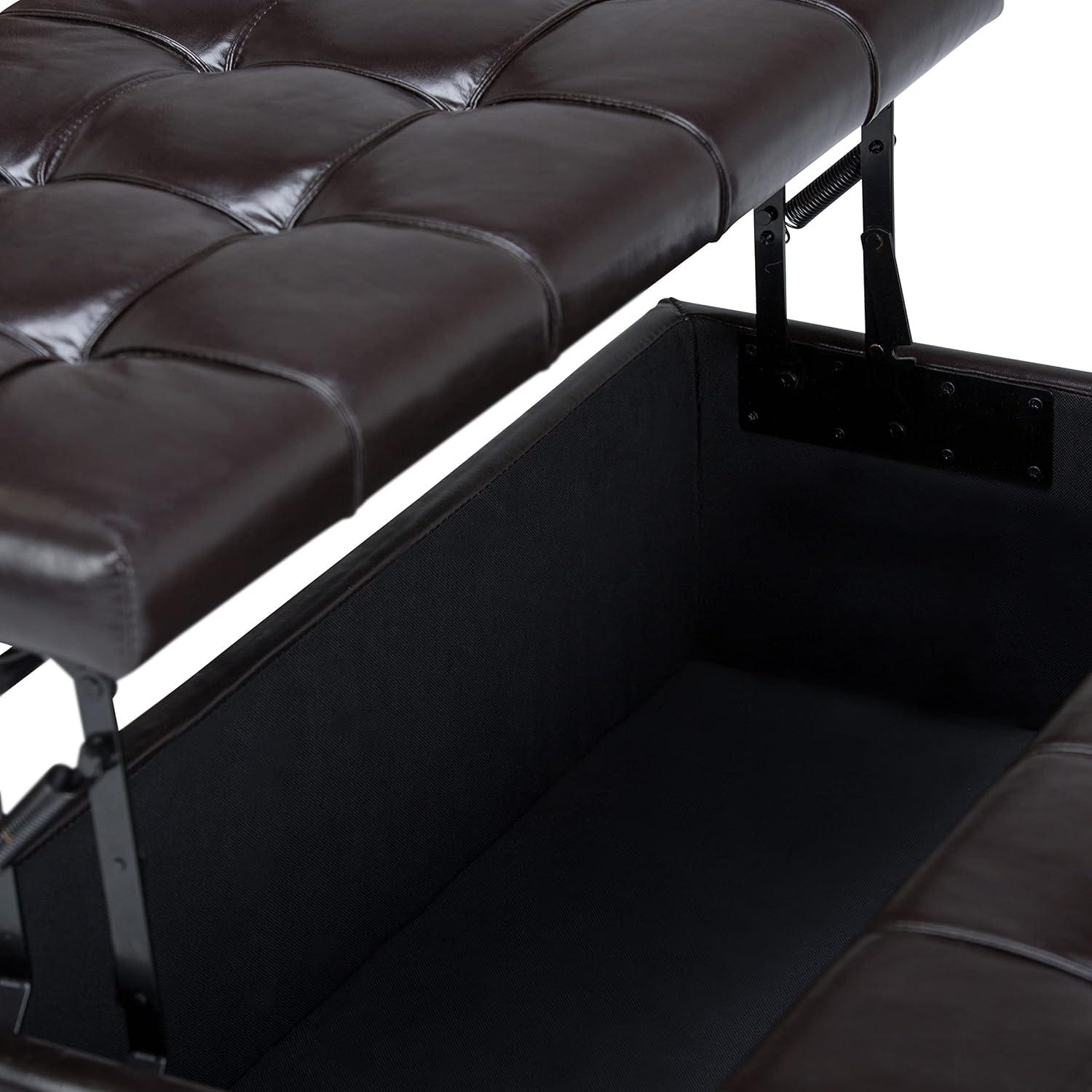 Simpli Home Harrison 36"W Upholstered Square Coffee Table Storage Ottoman with Split Lift Top