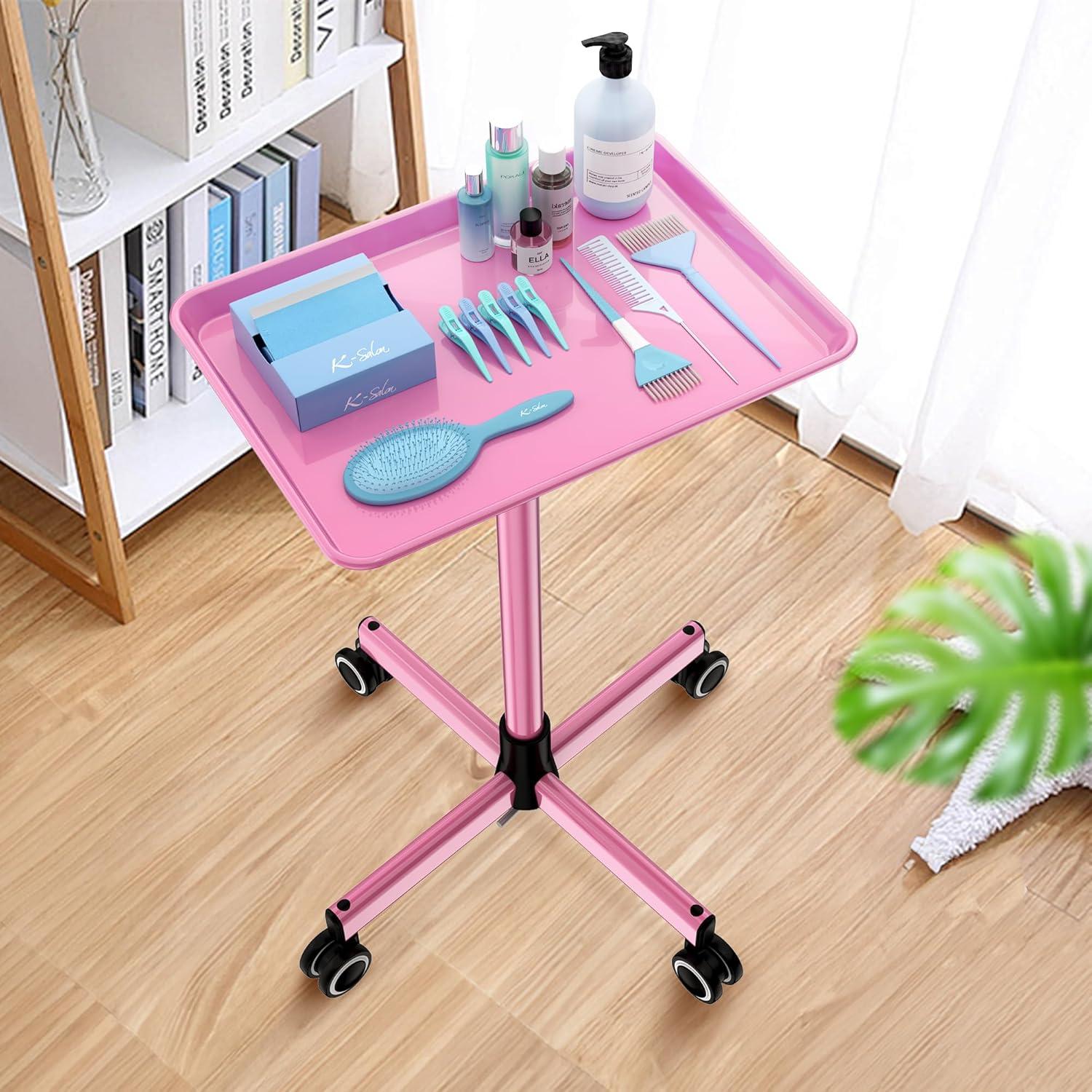 Salon Tray,Height Adjustable Salon Service Rolling Cart,Hair Color Tray with Wheels,Pink