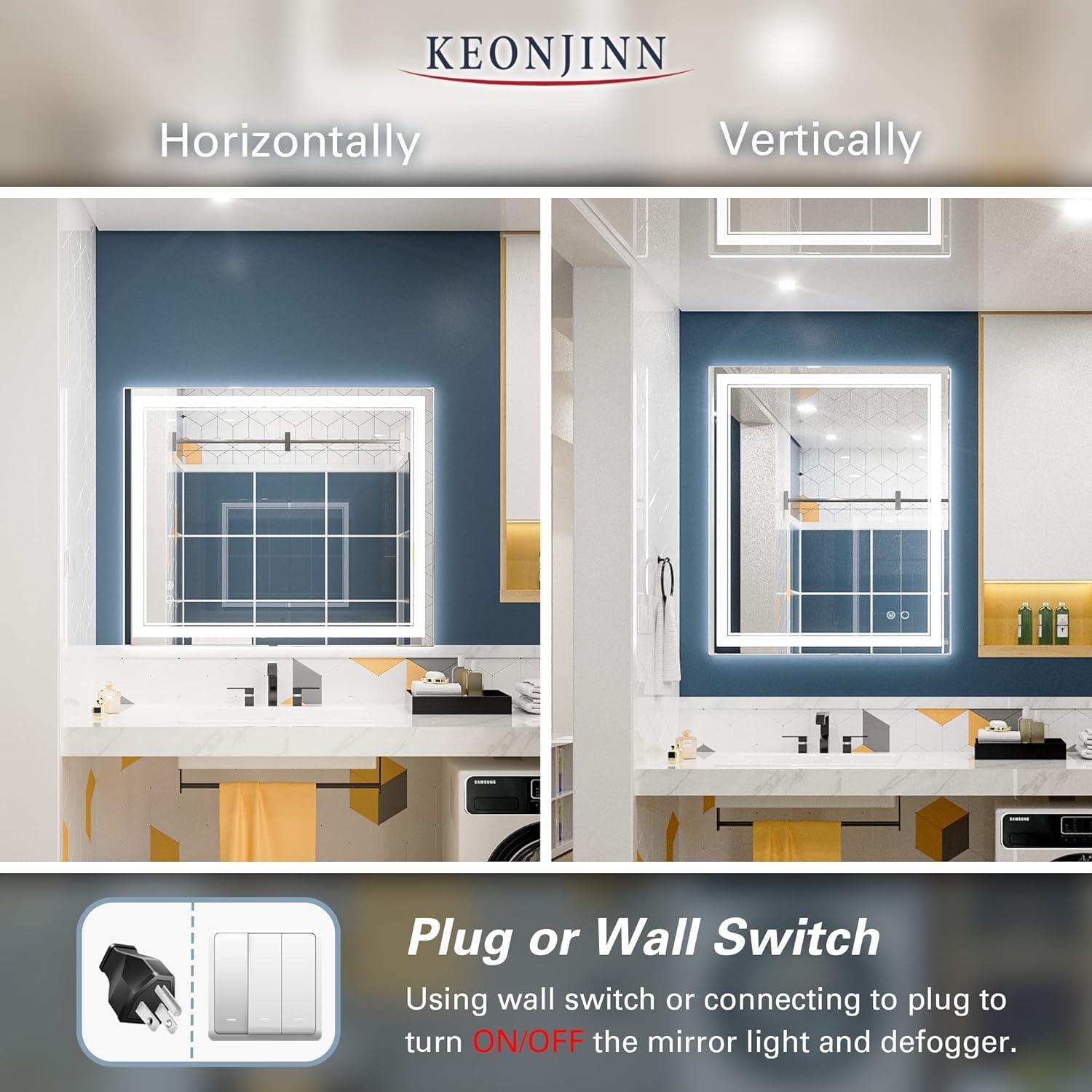 Keonjinn LED Bathroom Mirror with Lights, 30'' x 36''LED Vanity Mirror, Wall Mounted Anti-Fog Dimmable Frameless Frontlit Makeup Mirror, IP54, 6000K(Horizontal/Vertical)