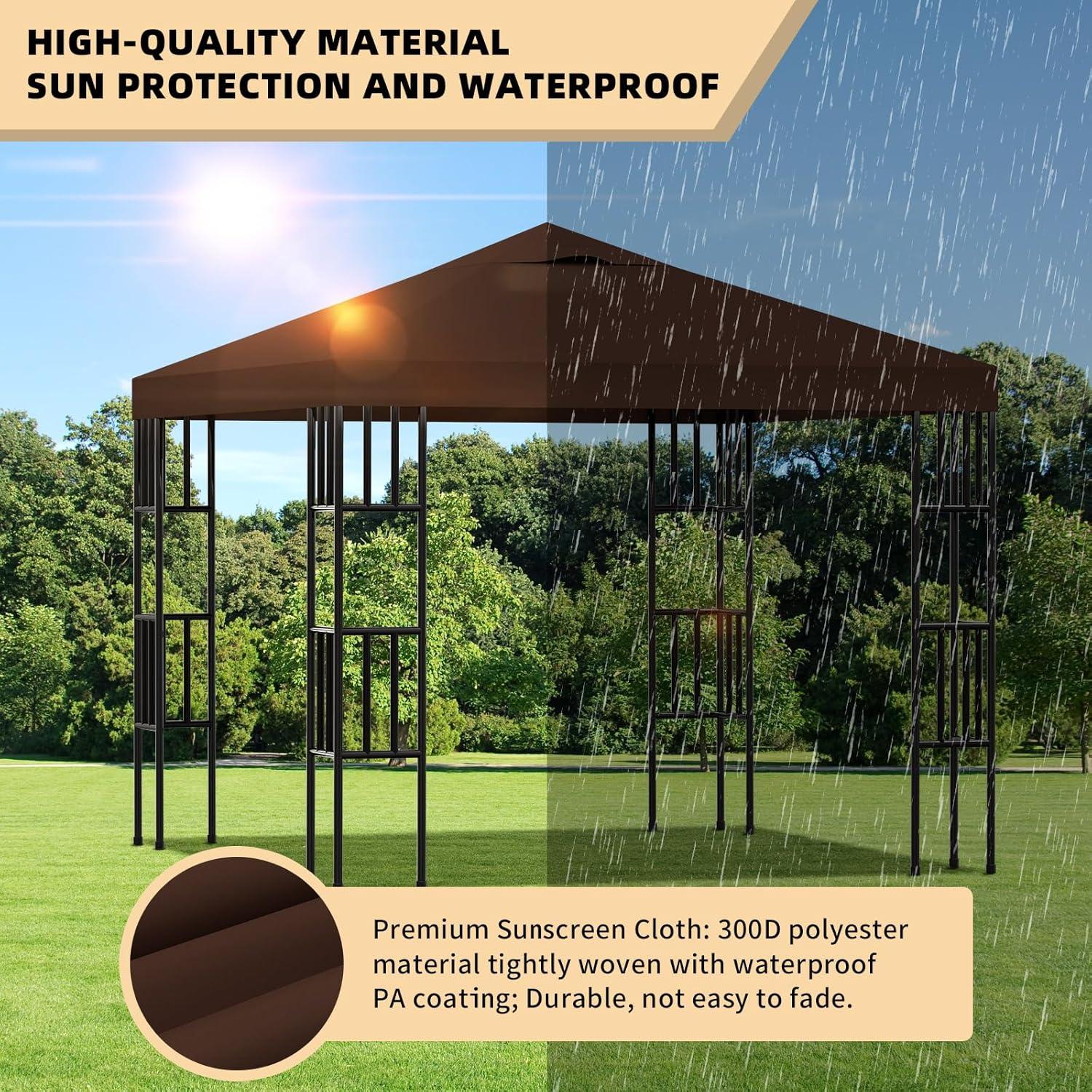 10x10 Ft Outdoor Patio Gazebo Replacement Canopy, Double Tiered Gazebo Tent Roof Top Cover Only（Frame Not Include）