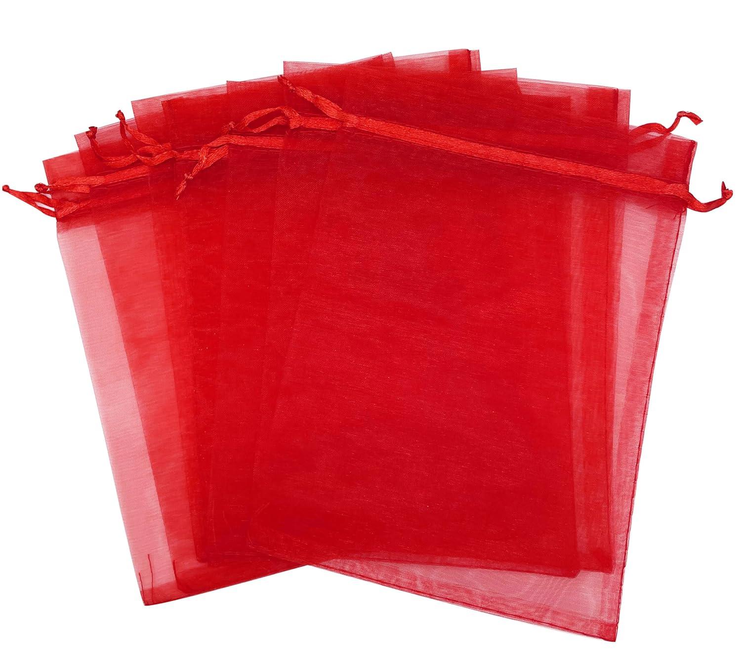 100PCS 4x6inch (10x15cm) Drawstring Organza Jewelry Favor Pouches Wedding Party Festival Gift Bags Candy Bags (Red)