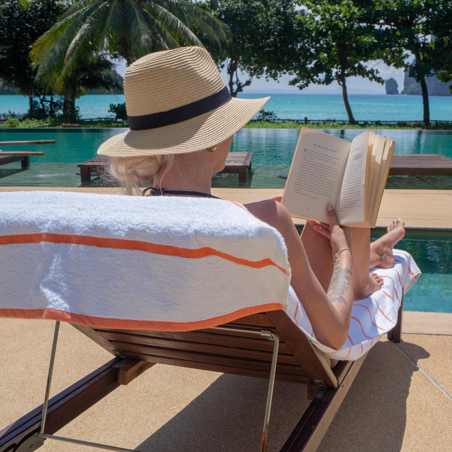 Arkwright Las Rayas Chaise Lounge Cover - (Pack of 2) 100% Cotton Terry Towel with Fitted Pocket, 30x85 - Orange