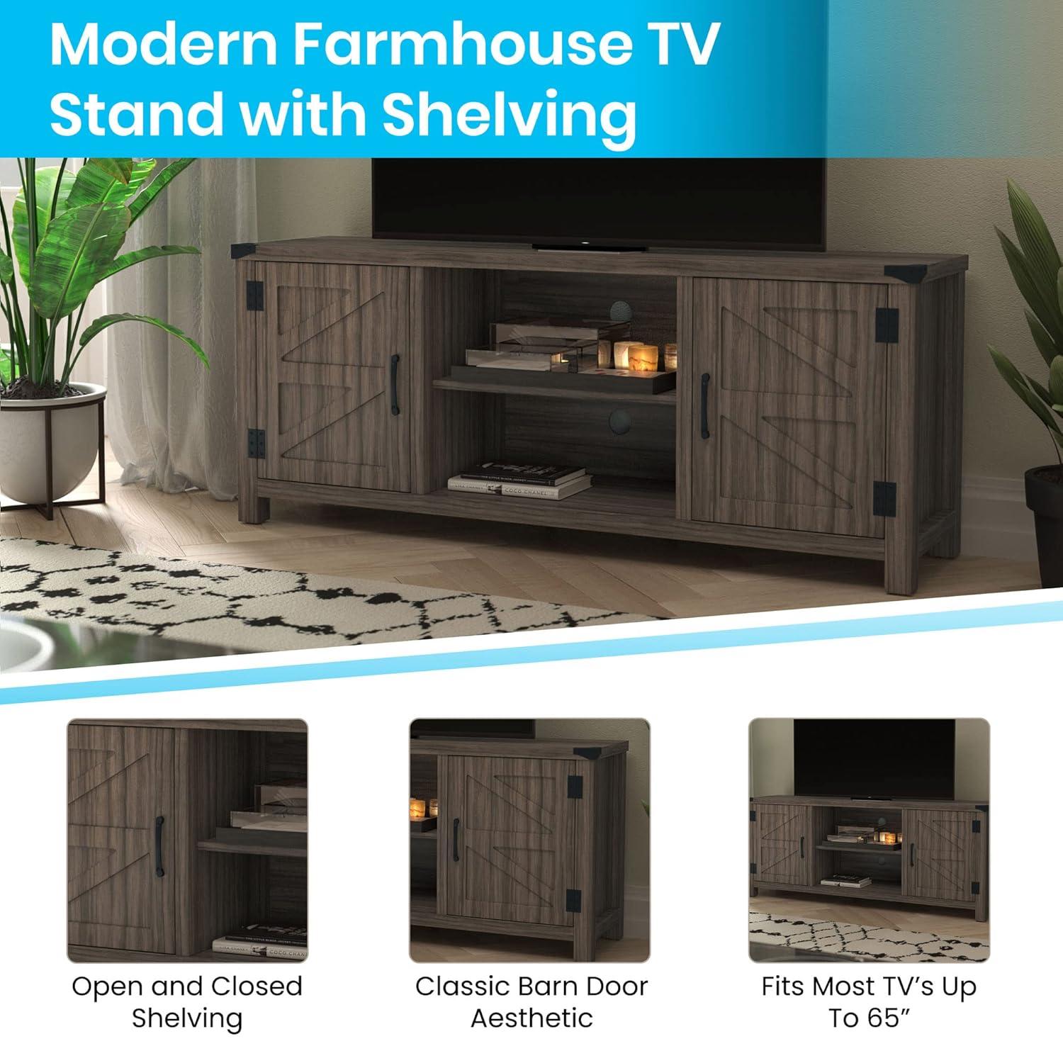 BizChair Modern Farmhouse Barn Door TV Stand - Gray Wash Oak for TV's up to 65 Inches - 59" Entertainment Center with Adjustable Shelf