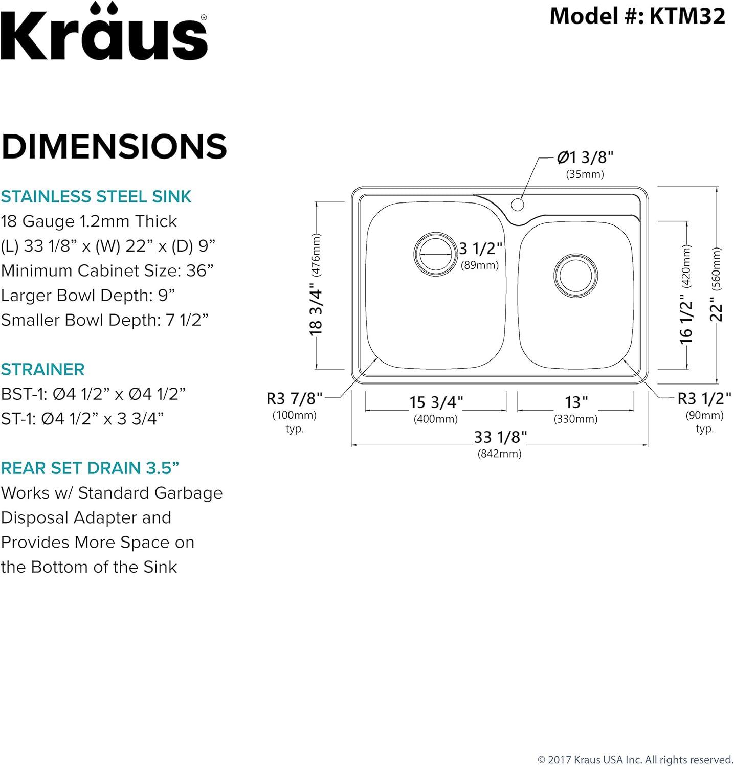 KRAUS 33 inch L Topmount 60/40 Double Bowl 18 Gauge Stainless Steel Kitchen Sink with NoiseDefend Soundproofing