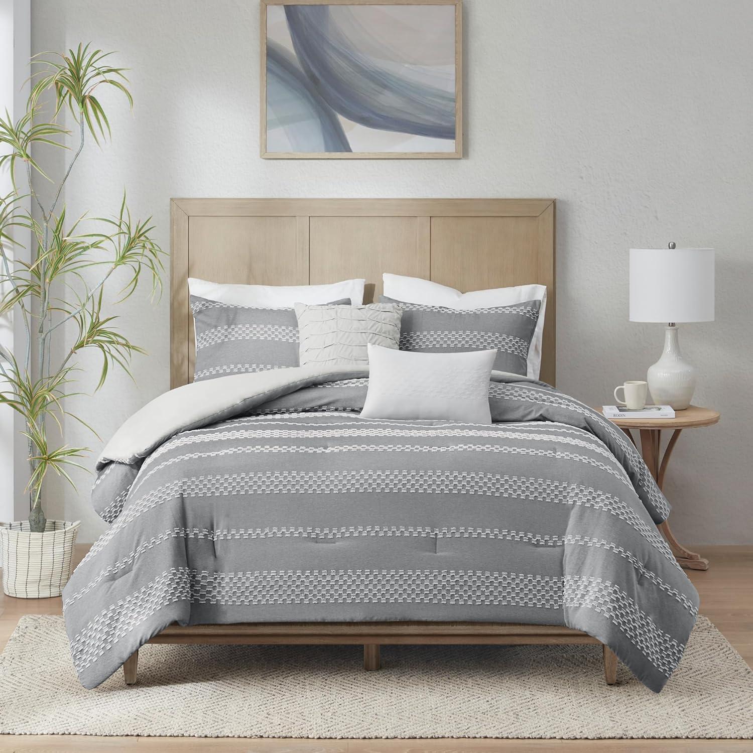 Madison Park Striped 5 Piece Clipped Jacquard Comforter Set with Throw Pillows