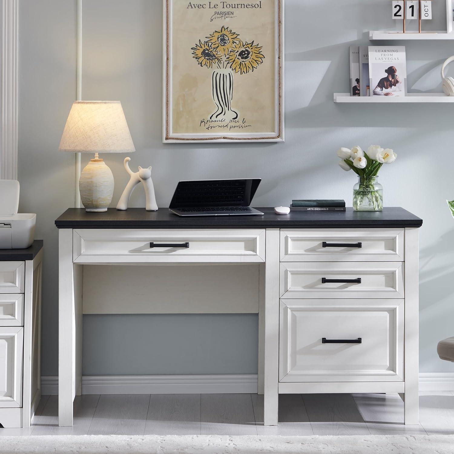 SinCiDo 53″ Farmhouse Home Office Desk, Writing Desks with File Cabinet & Drawer, White