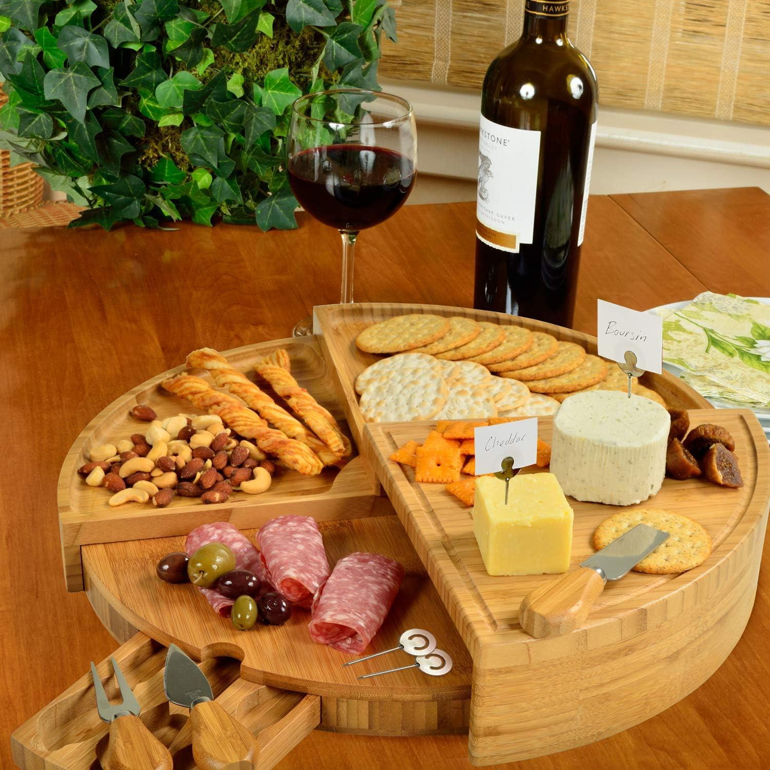 Picnic at Ascot Patented Swiveling Multi Level Extra Large Bamboo Charcuterie Board with Cheese Knife Set, Stores as a Compact Wedge