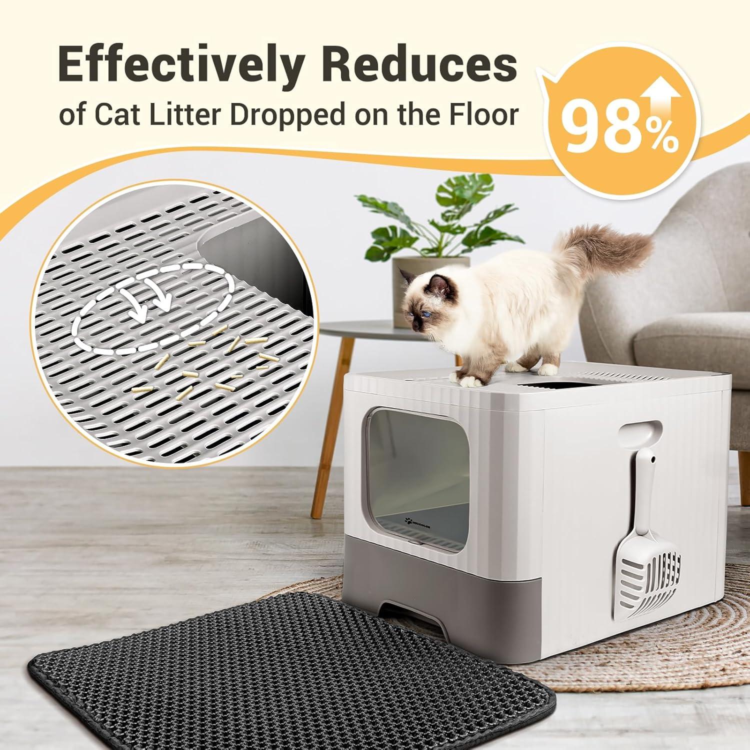 Dextrus Large Enclosed Cat Litter Box with Lid Drawer Type Easy to Clean,with Cushion&Litter Scoop,Gray