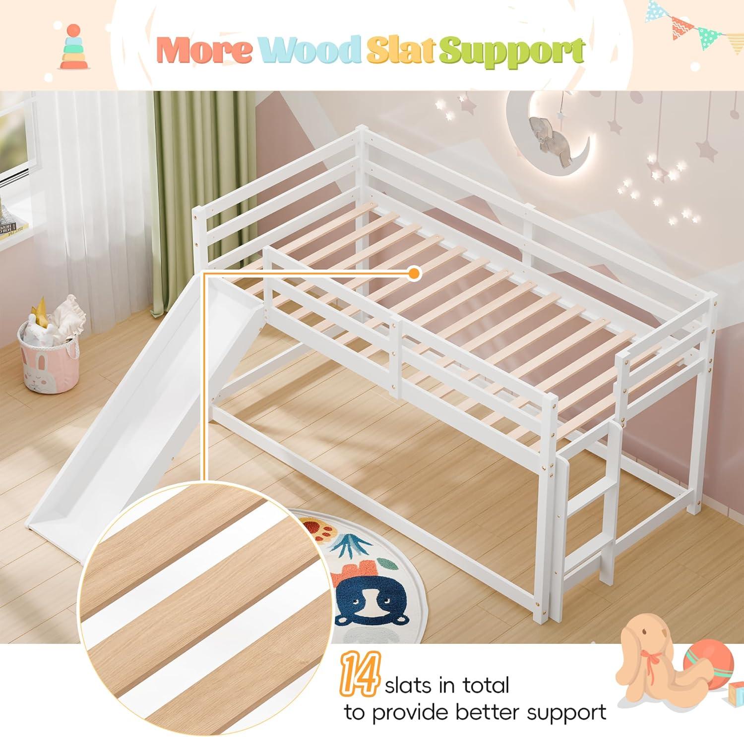 Harper & Bright Designs Kids Loft Bed with Slide,Twin Size Low Loft Beds for Girls Boys Solid Pine Wood Toddler Loft Bed with Ladder and Guard Rails,White