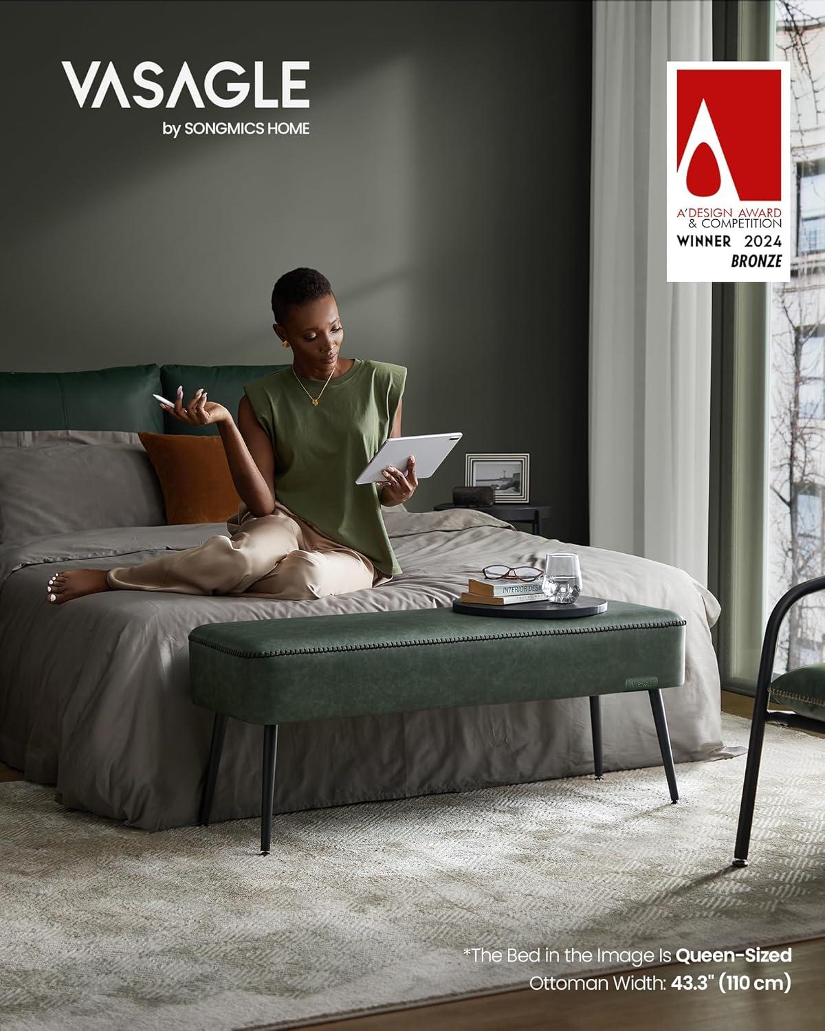 VASAGLE EKHO Collection - Storage Ottoman Bench Leather Entryway Bedroom Bench 15 Gallons for Bedroom Living Room Loads 660 lb Forest Green