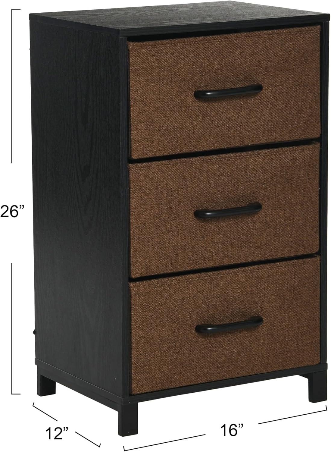 Household Essentials Dresser Nightstand Chest of Drawers Black Oak Wood Grain with 3 Brown Storage Drawers