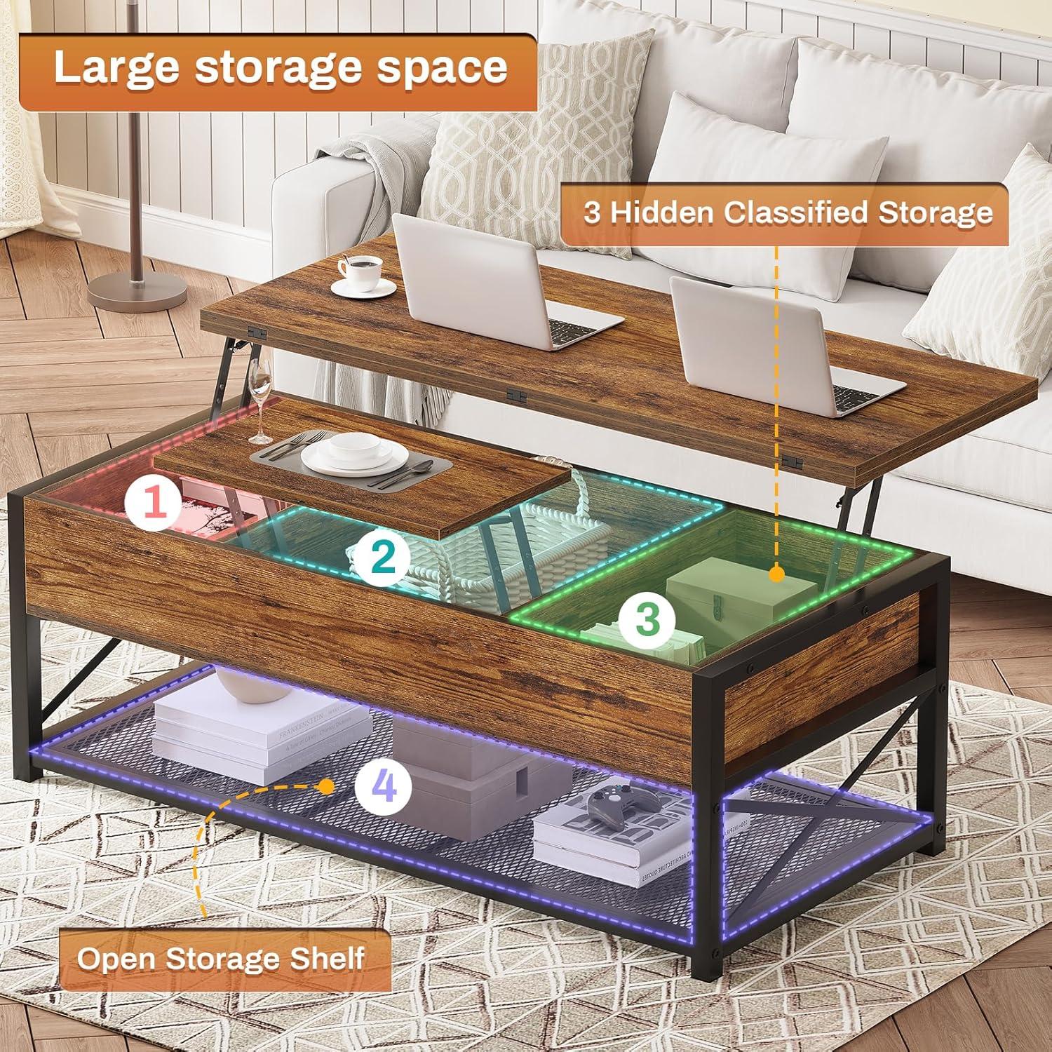 Rustic Brown Rectangular Lift-Top Coffee Table with Storage