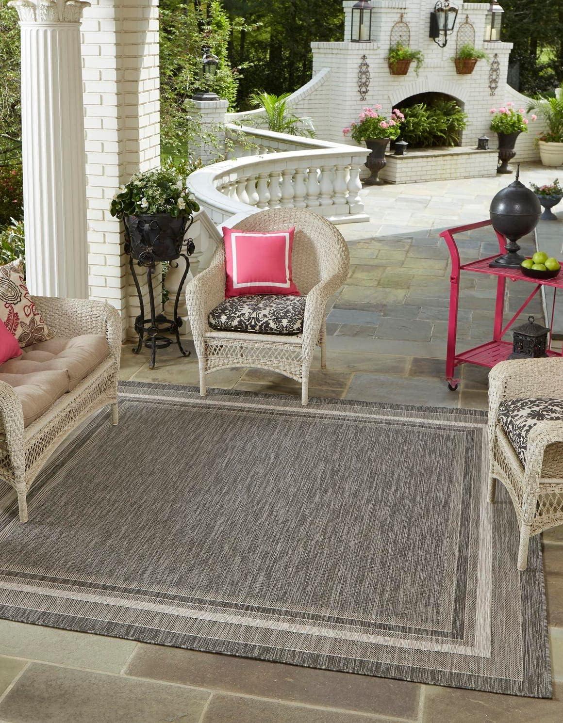 Sophisticated Square Black & Beige Outdoor Rug, Easy-Care & Stain-Resistant