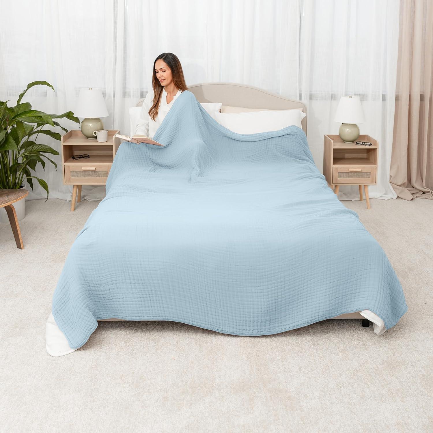 Sky Blue King-Sized Muslin Cotton Cooling Throw Blanket