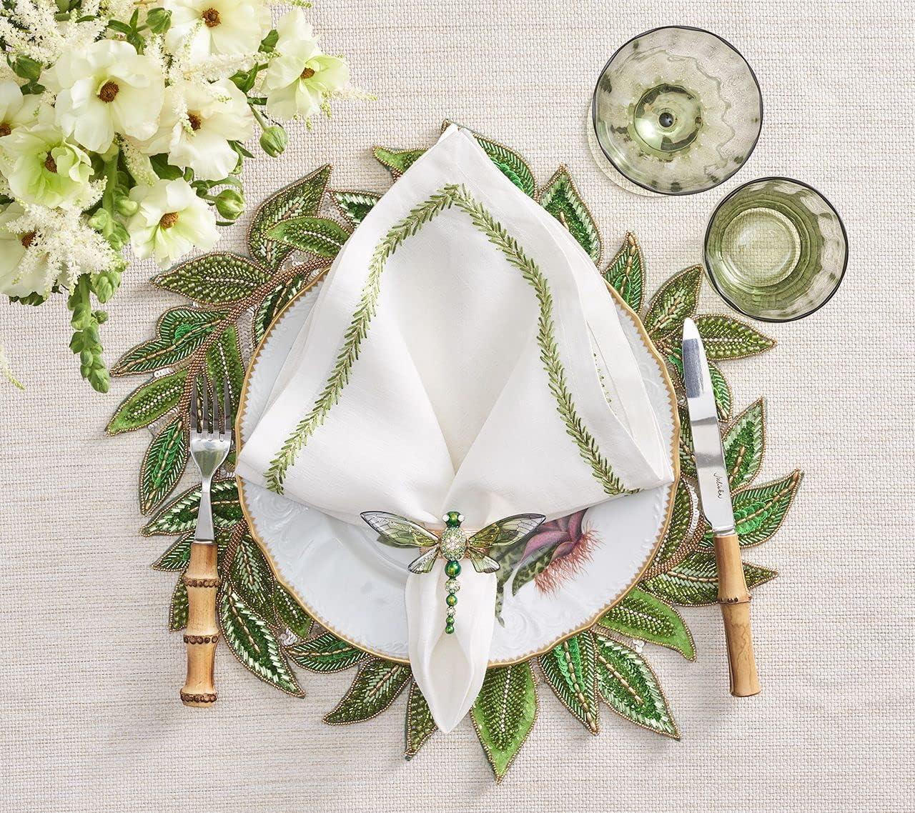 Green Dragonfly Napkin Rings with Rhinestones, Set of 4