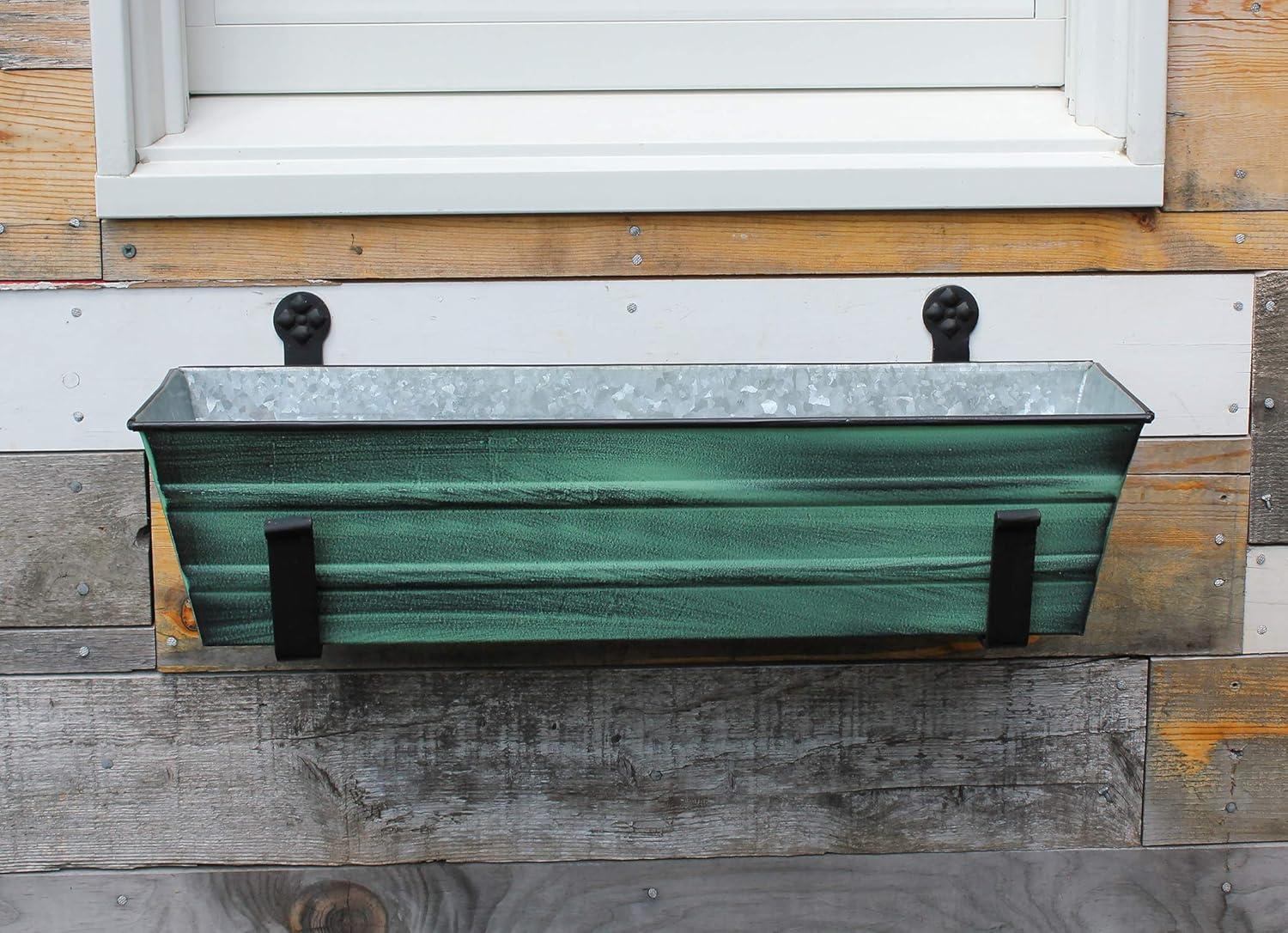 Small Galvanized Metal Rectangular Planter Box with Wall Brackets Green Patina - ACHLA Designs: Wrought Iron, Powder Coated, 8"H x 22"W