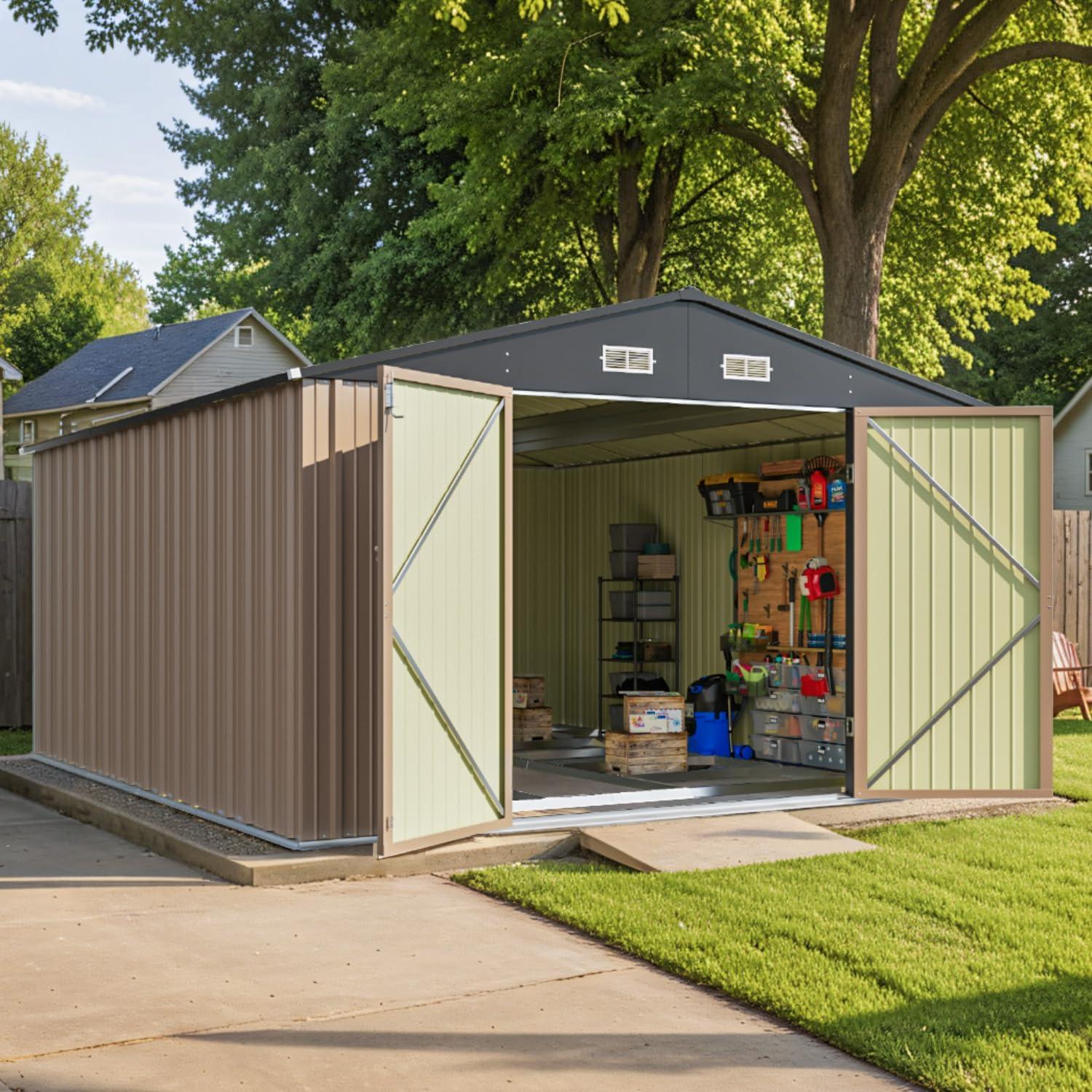 10' x 12' Brown Metal Outdoor Storage Shed with Floor Frame