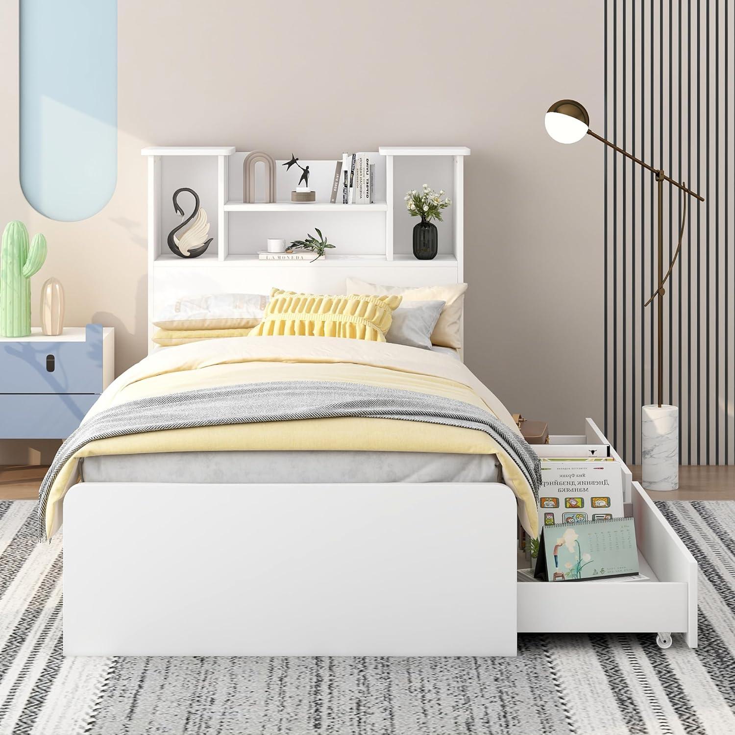 Harper & Bright Designs Twin Size Bed with Storage Headboard and Drawers, Solid Wood Twin Platform Bed Frame with 2 Drawers, 4 Shelves and LED Light, No Box Spring Needed - White