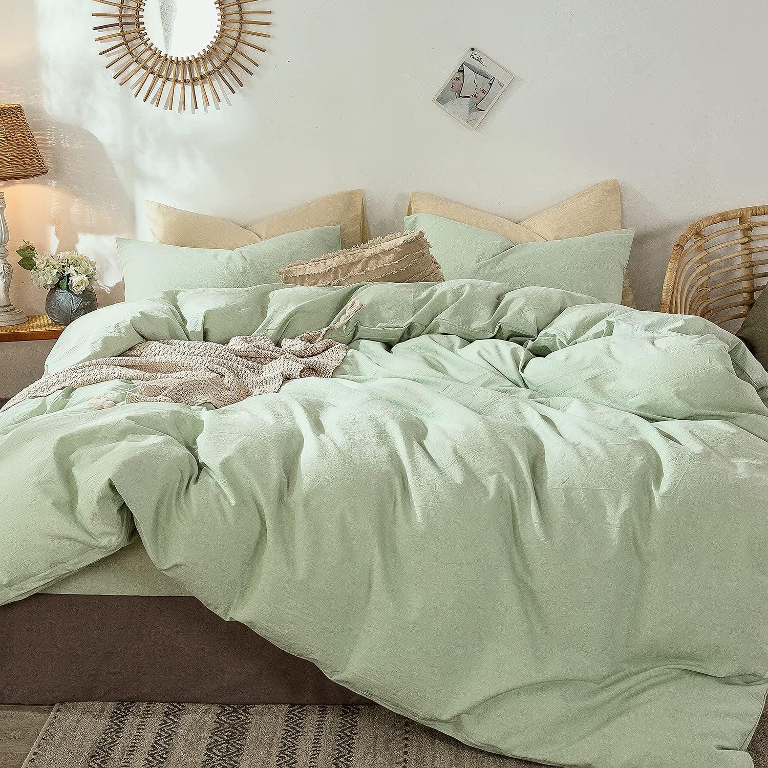 MOOMEE 100% Washed Cotton Linen Like Textured Duvet Cover Set