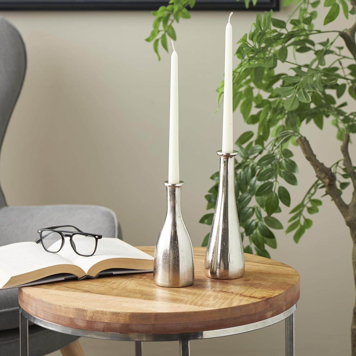 Deco 79 Aluminum Metal Decorative Candle Holder Candle Stand with Varying Shapes, Set of 2 Candlestick Holder 9", 7" H, Silver