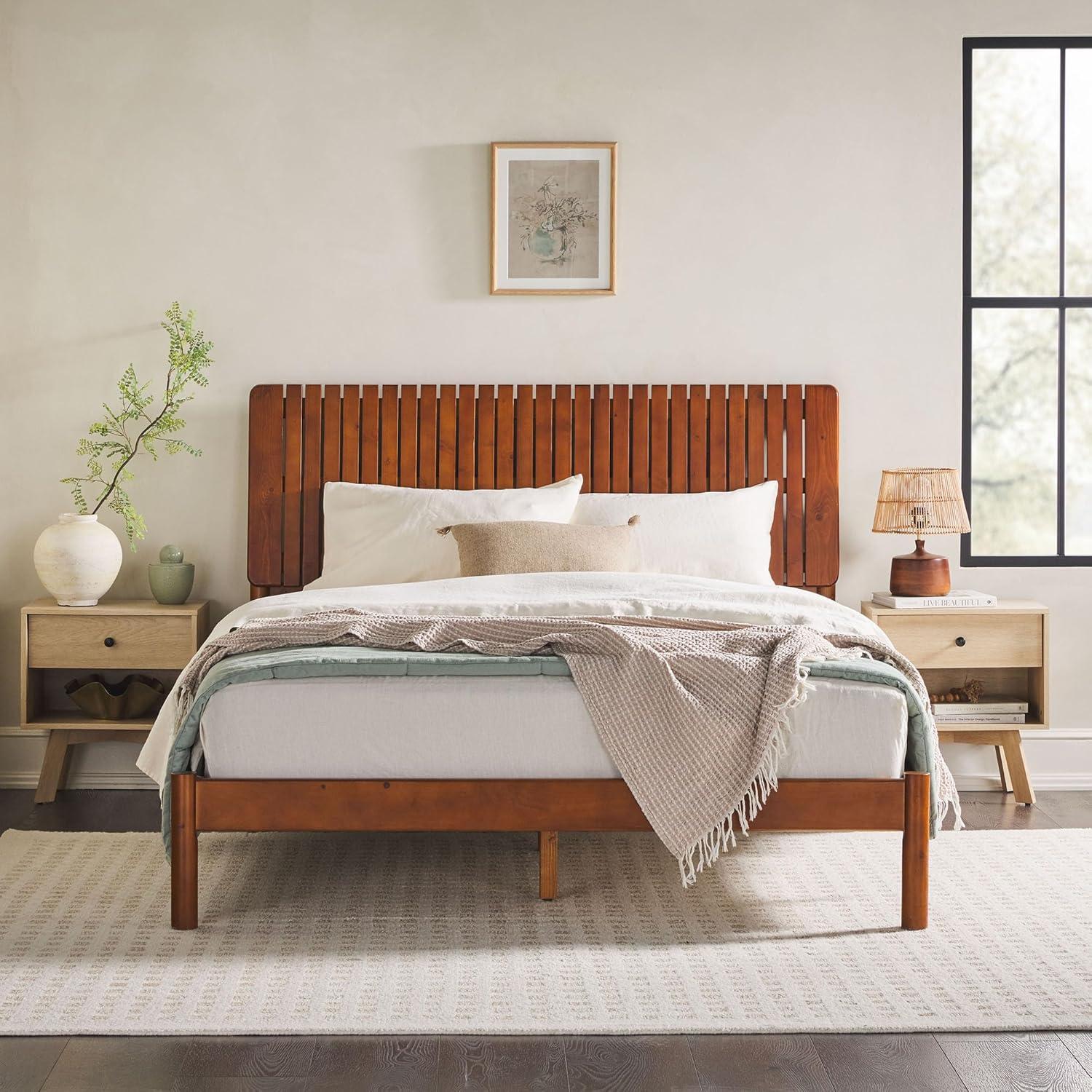 Walker Edison Transitional Solid Wood Platform Queen Bed, Dark Brown