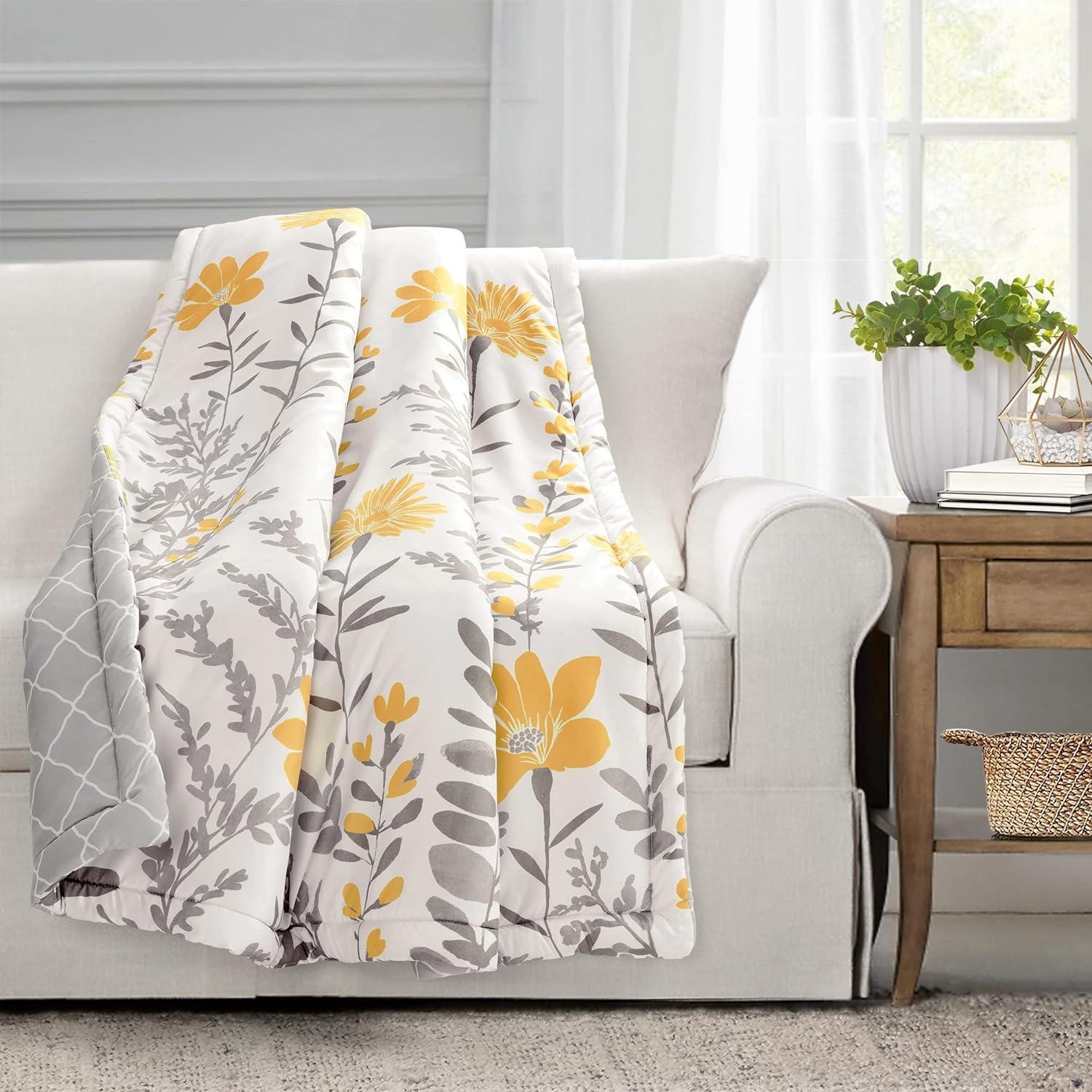 Yellow and Gray Floral Reversible Cotton Throw Blanket