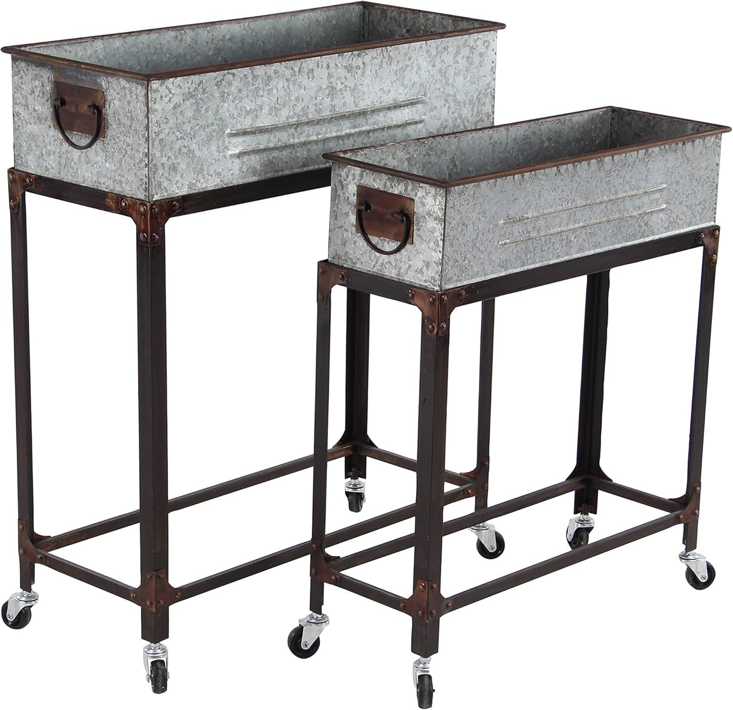 Set of 2 Farmhouse Rectangular Rolling Planters, Galvanized Gray - Indoor/Outdoor, Iron-Made, Rustic Finish - Olivia & May