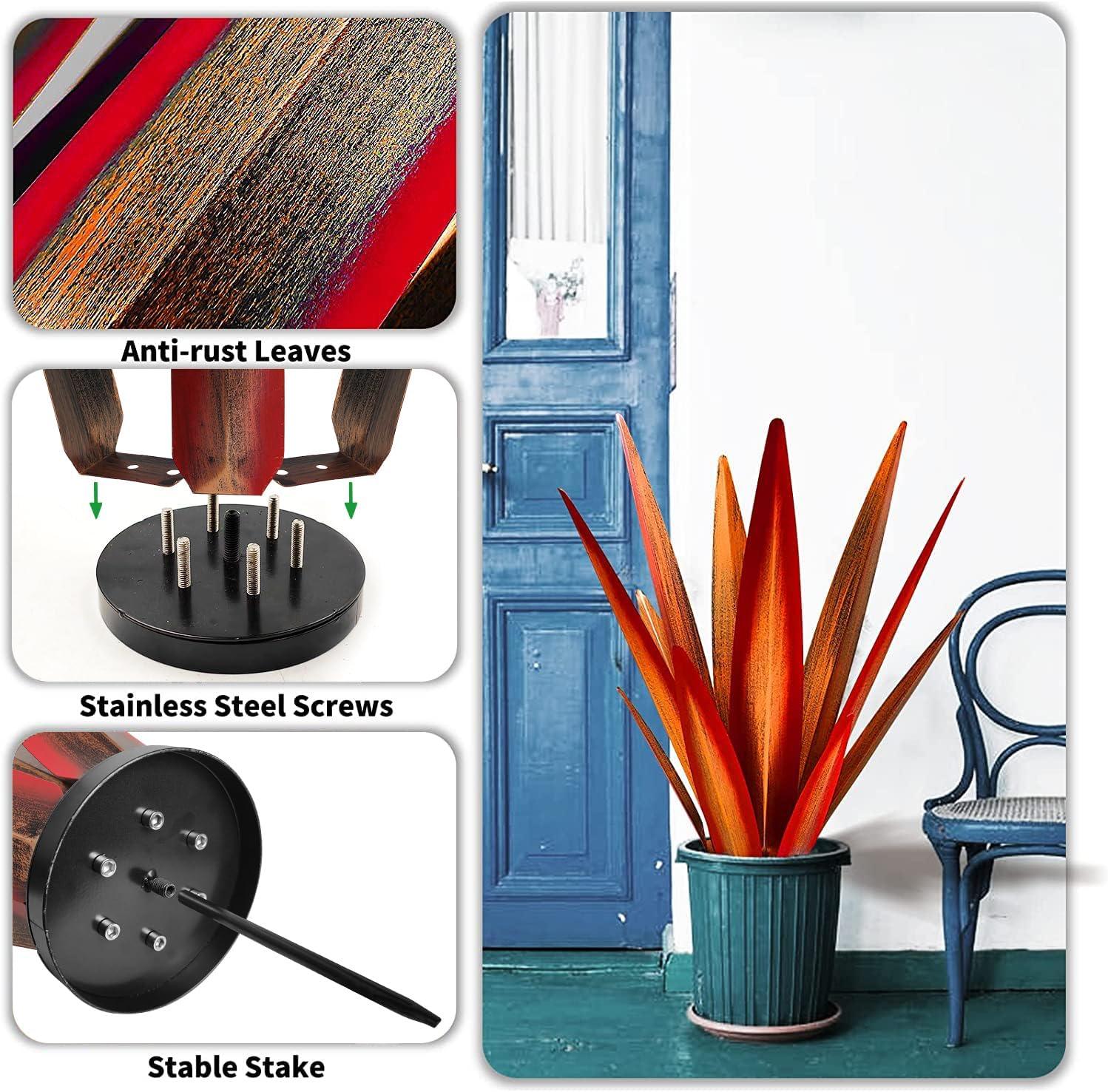 Large Tequila Rustic Sculpture, Rustic Metal Agave Plants for Outdoor Patio Yard, Home Decor Hand Painted Metal Agave Garden Yard Statue, Outdoor Lawn Ornaments (Black - L (W/Solar Light))