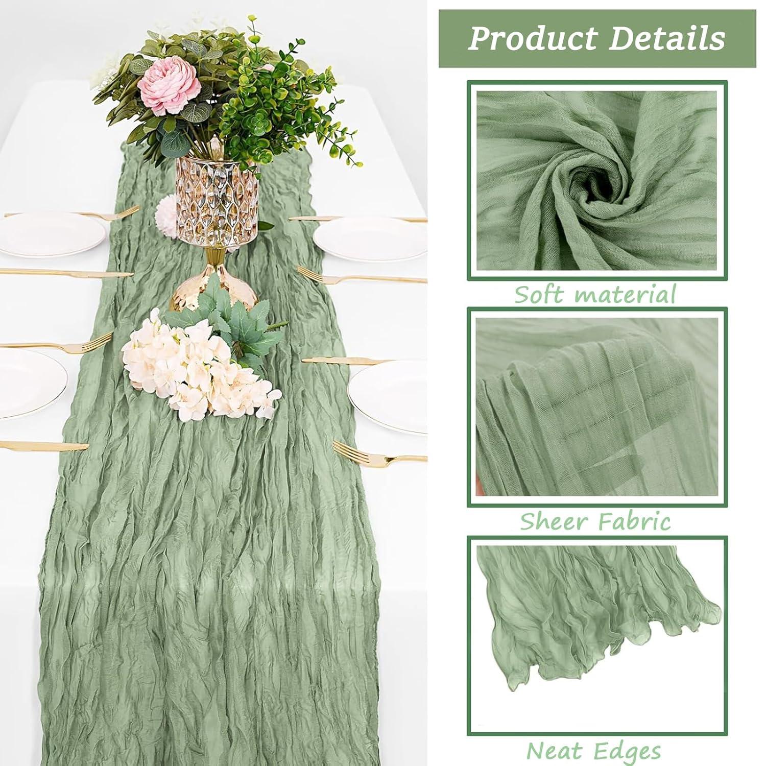 Mint Green Cheesecloth Table Runner 6 Pack 35" Boho Gauze Runner 120 inches Long Tablecloth Runner Rustic Sheer Fabric Bulk for Baby Shower Wedding Bridal Birthday Party Table Decorations