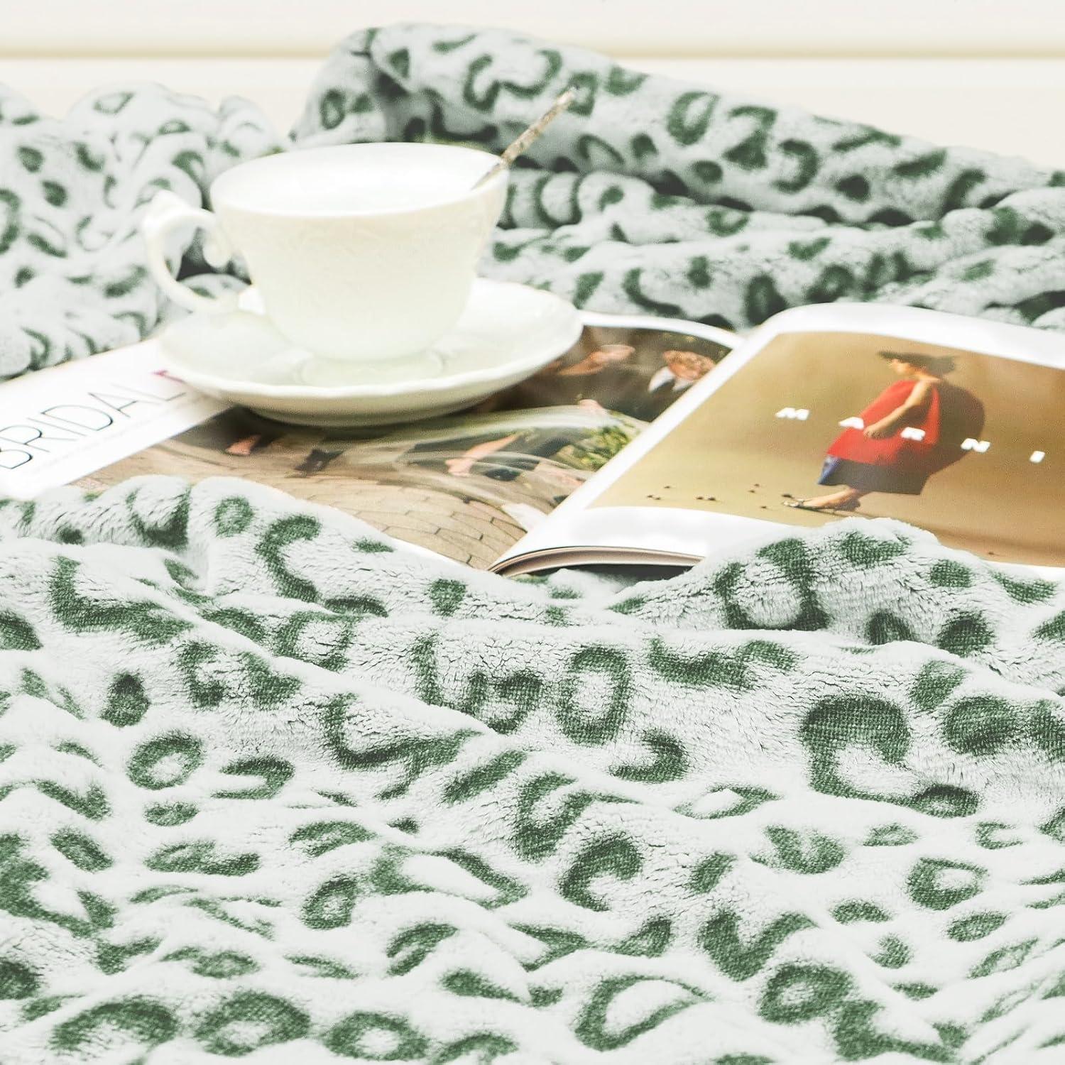 Sage Green Leopard Print Reversible Fleece Throw Blanket