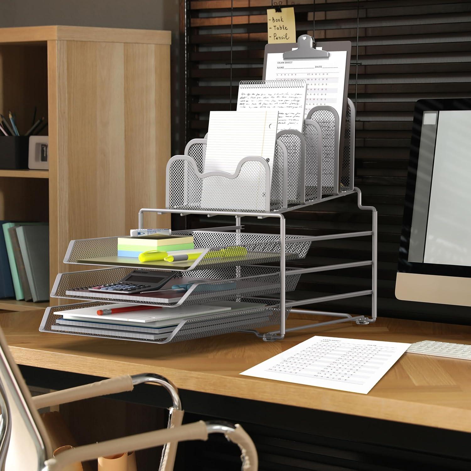 Simple Houseware Desk 3 Sliding Tray and 5 Stacking Section Organizers, Silver