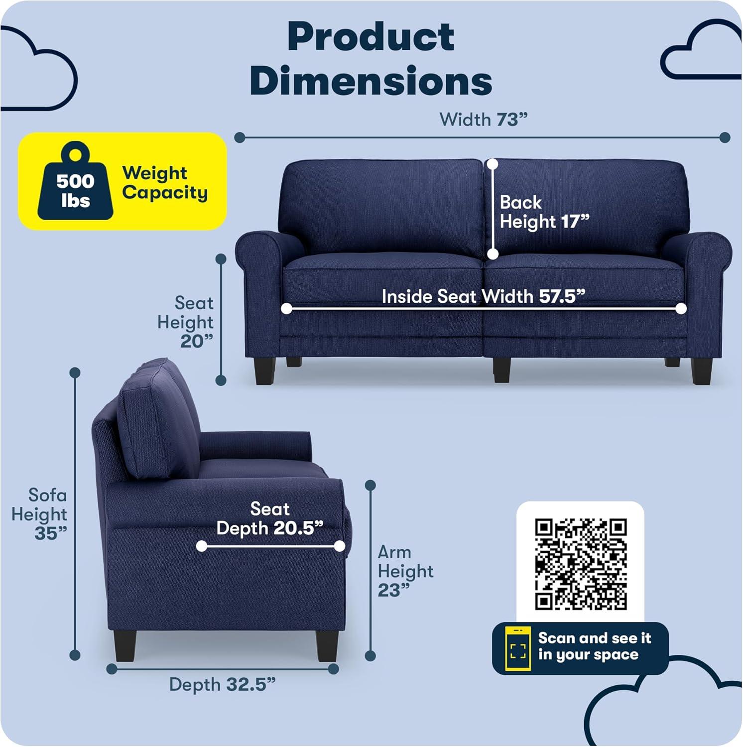 Serta Copenhagen 73" Rolled Arm Sofa, Easy Care Fabric, Soft Pillow Back, Pocket Coil Seat Cushions