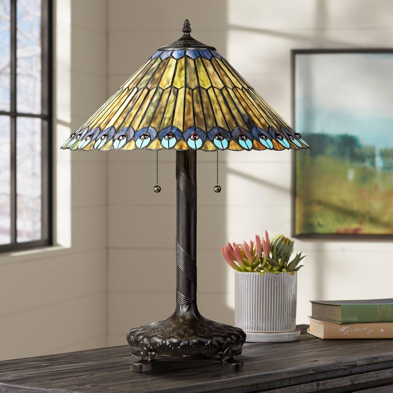 Robert Louis Tiffany Table Lamp 26" High Antique Bronze Tiffany Style Peacock Art Glass Shade for Living Room Family Bedroom Bedside Office