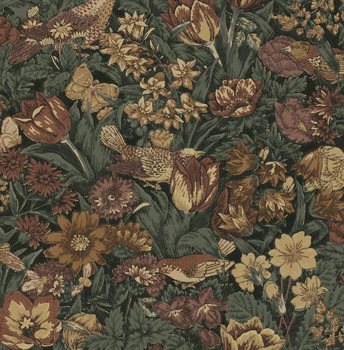 Mahogany and Graphite Bird Floral Peel and Stick Wallpaper