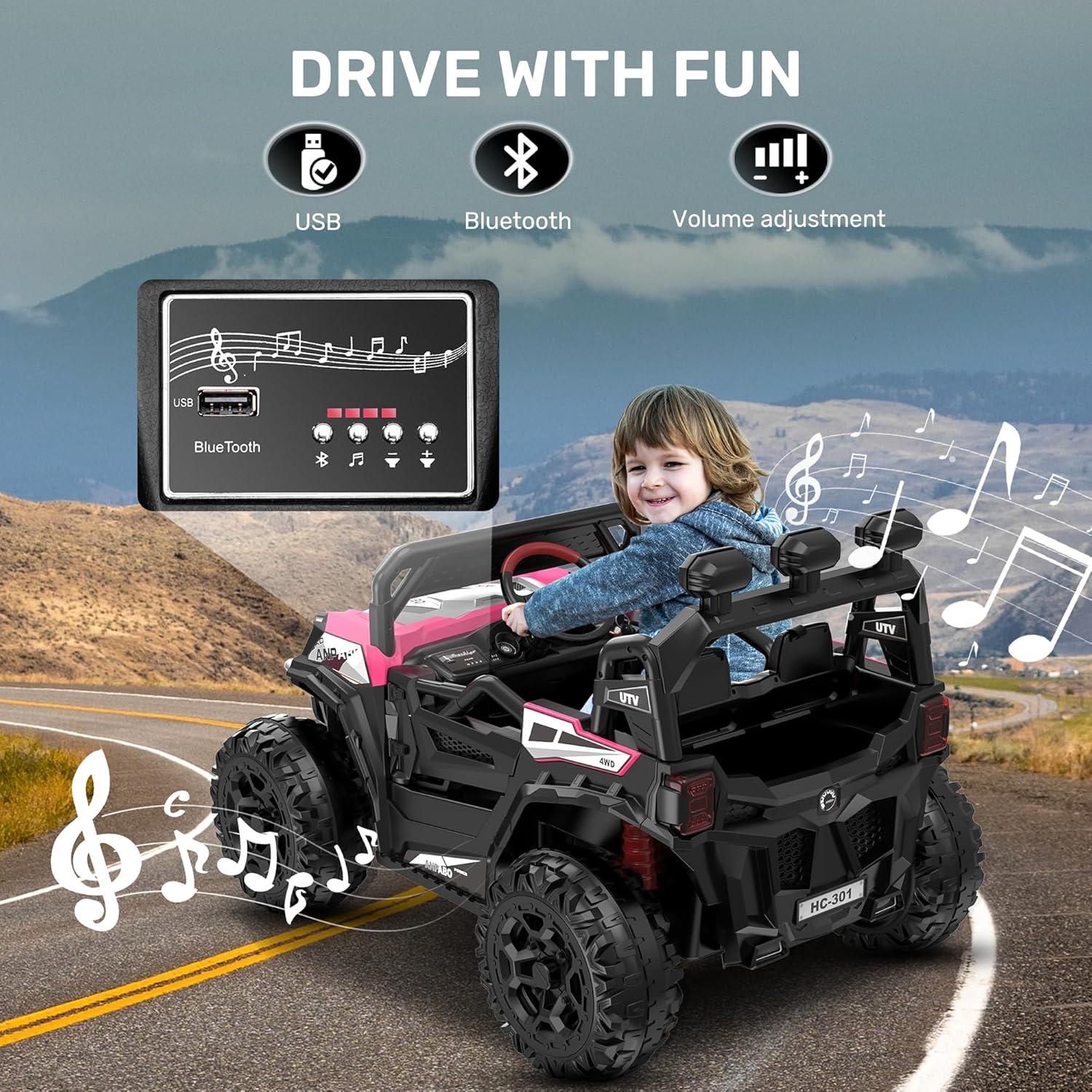 FINITO 24V Kids Ride on UTV 2WD/4WD Electric Off-Road Vehicle 4 Wheeler Battery Powered Truck with Storage Trunk Parent Remote Control Gift for Boy Girl Age 3+, Pink