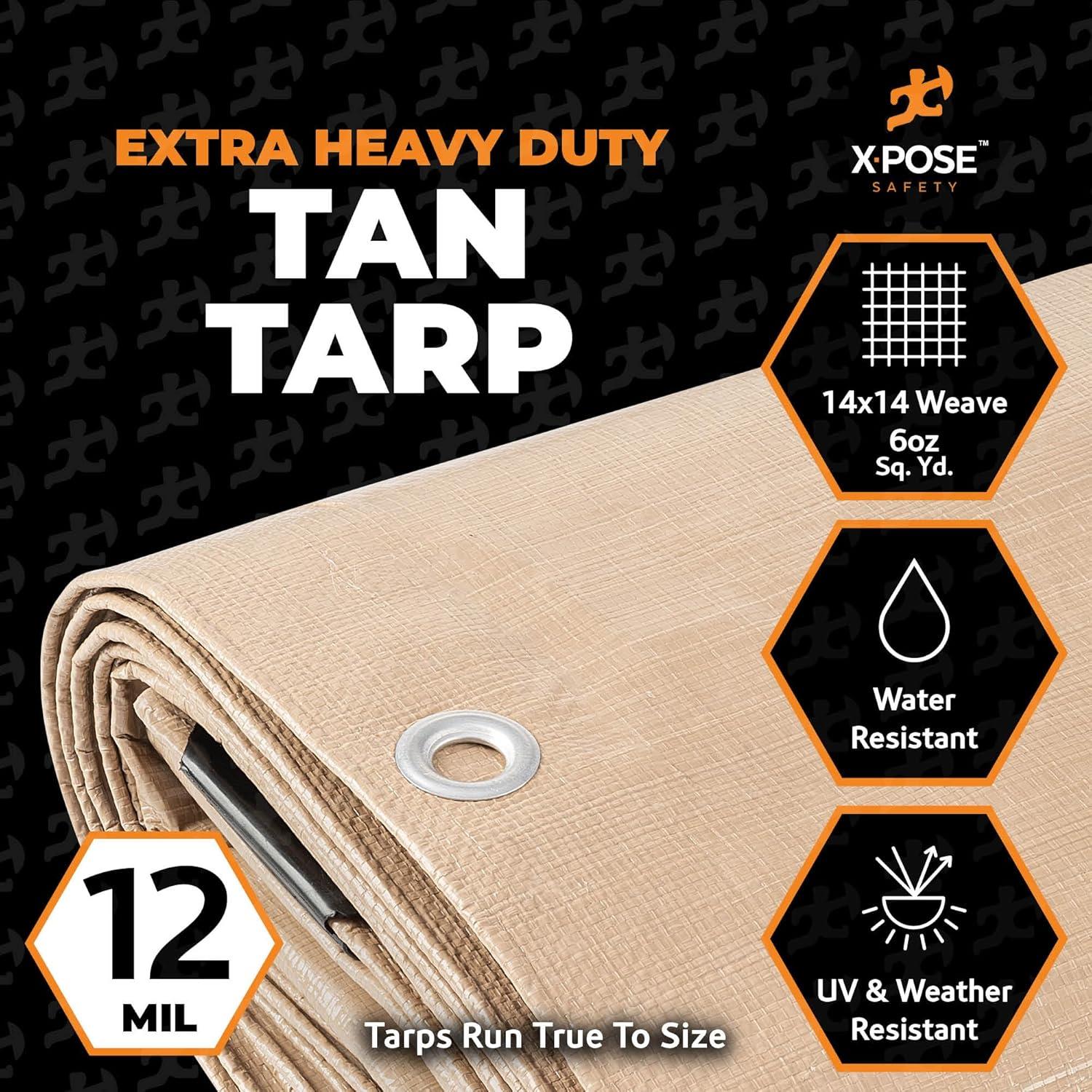 Heavy Duty Tan Poly Tarp 6' X 10' - Multipurpose Protective Cover - Durable, Waterproof, Weather Proof, Rip and Tear Resistant - Extra Thick 12 Mil Polyethylene - by Xpose Safety