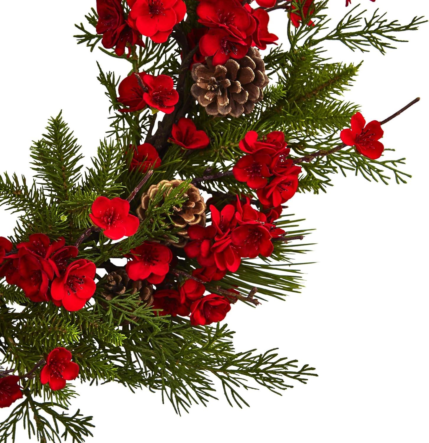 Nearly Natural Plum Blossom Pine Wreath (24"): Faux Floral Wall Decor for Indoor, Unlit Winter Display