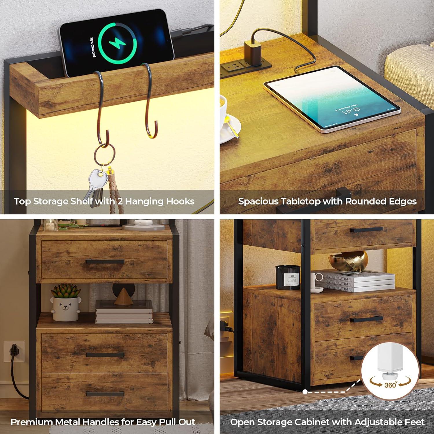 Weiplehoom Led Nightstand with Charging Station, 3 Drawers Night Stands, Bedside Tables with Storage Shelves, Rustic Brown