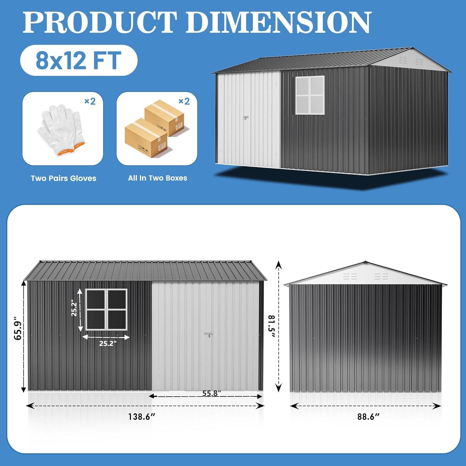 NETAJE 8'x12' Outdoor Storage Garden Shed with Window, Lockable Doors and Air Vent for Backyard Garden Patio Lawn, Black