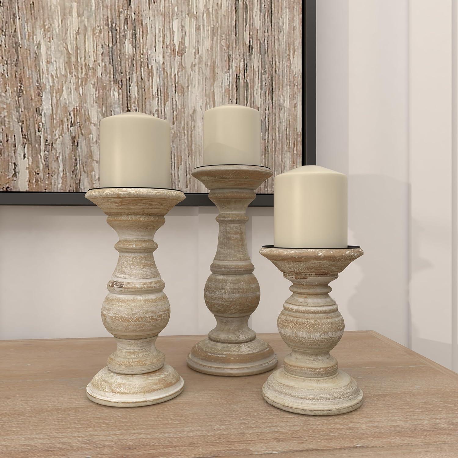 Winter Elegance Cream Mango Wood Pillar Candlestick Trio